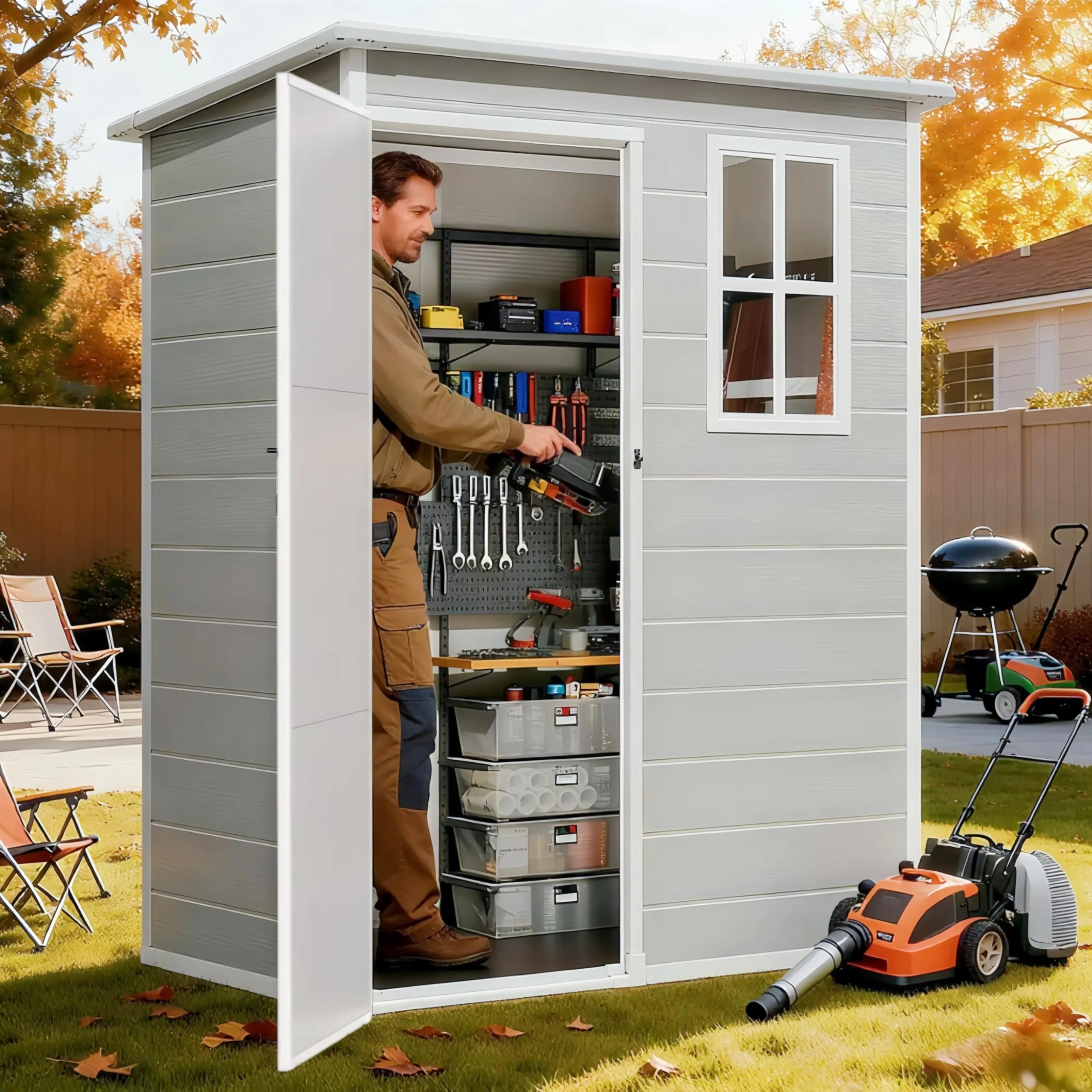 Gizoon 5x3 FT Resin Outdoor Storage Shed, Weather-Resistant Plastic Garden Tool Shed with Floor and Lockable Door for Backyard, Patio, Lawn, Grey