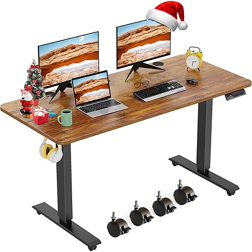 farexon Electric Standing Desk Adjustable Height, 48x 24 Inches Sit Stand Up Computer Desk with Double Metal Hook，4 Memory Preset Heights, 27''-45'' Lifting Range for Home/Office（Brown）