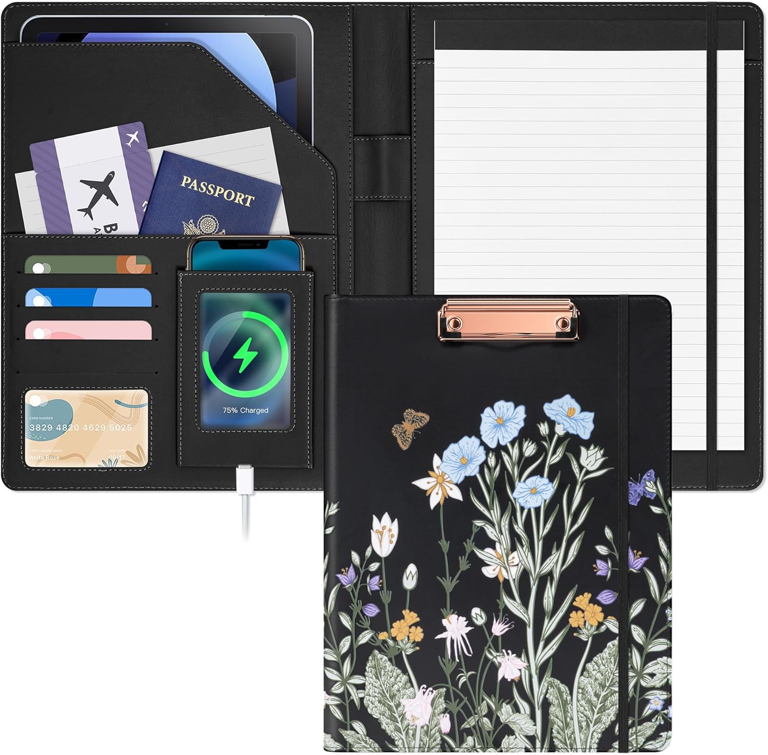Ospelelf Foldable Leather Clipboard Padfolio with Notepad 8.5 x 11, Business Clipboard Portfolio Organizer, Flowers
