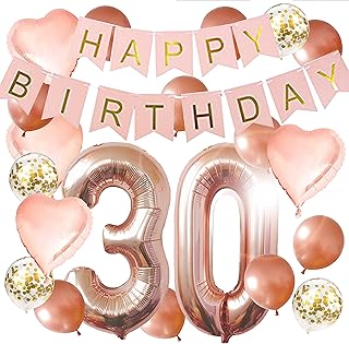 30th Birthday Decorations For Her - Birthday Decorations: 40 Inch 30th Gold Balloons, Pink and Gold Happy Birthday Decorations for Women, Happy Birthday Banner, Confetti Balloons, Rose Gold Heart Balloons (22 Pieces)