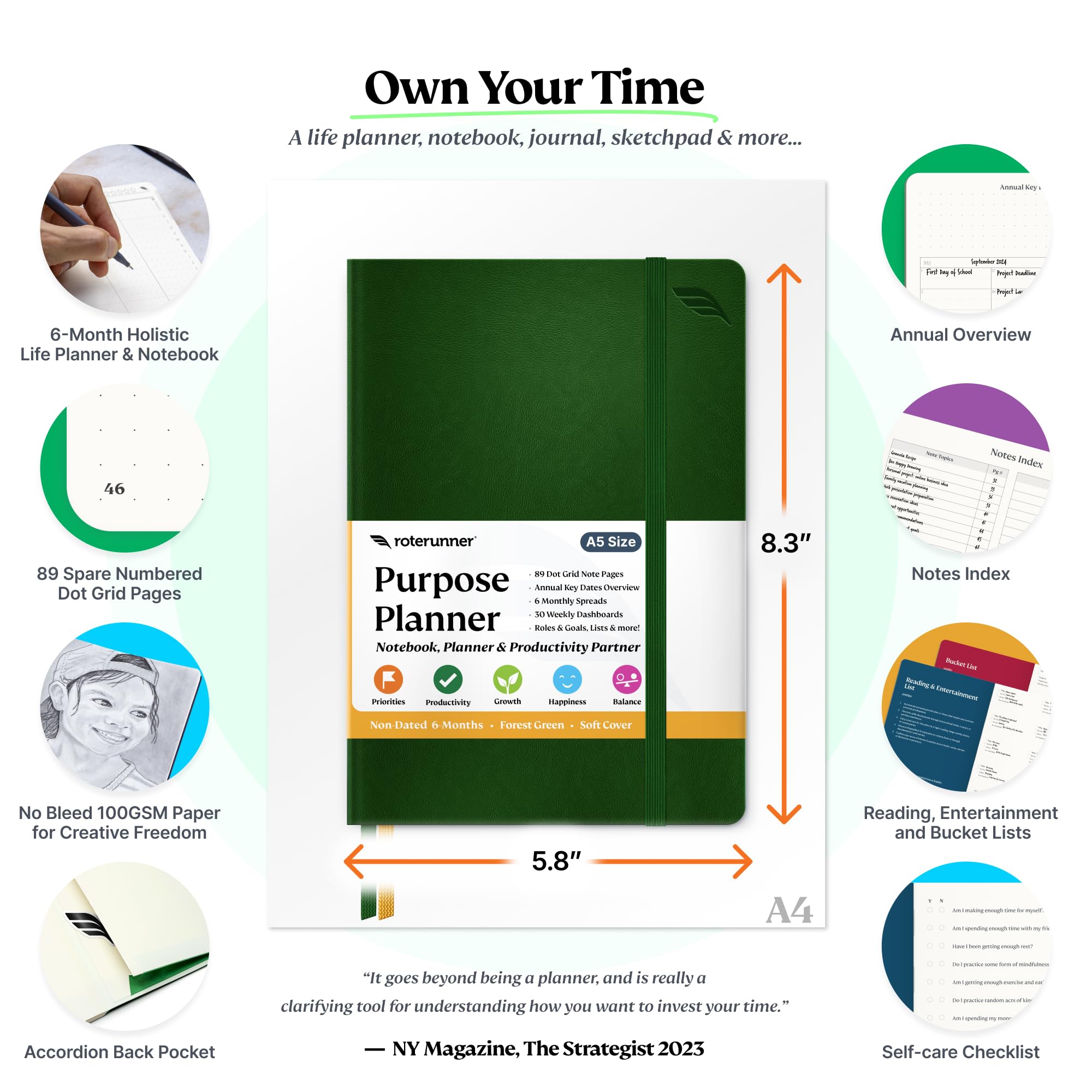 Purpose Planner A5 Undated Monthly Weekly Daily Productivity Journal 2024 Life Health Goal Setting Business Tool for Professionals Moms Academic Student Organizer Notebook (5.8"x8.3" Green Softcover) - Image 2