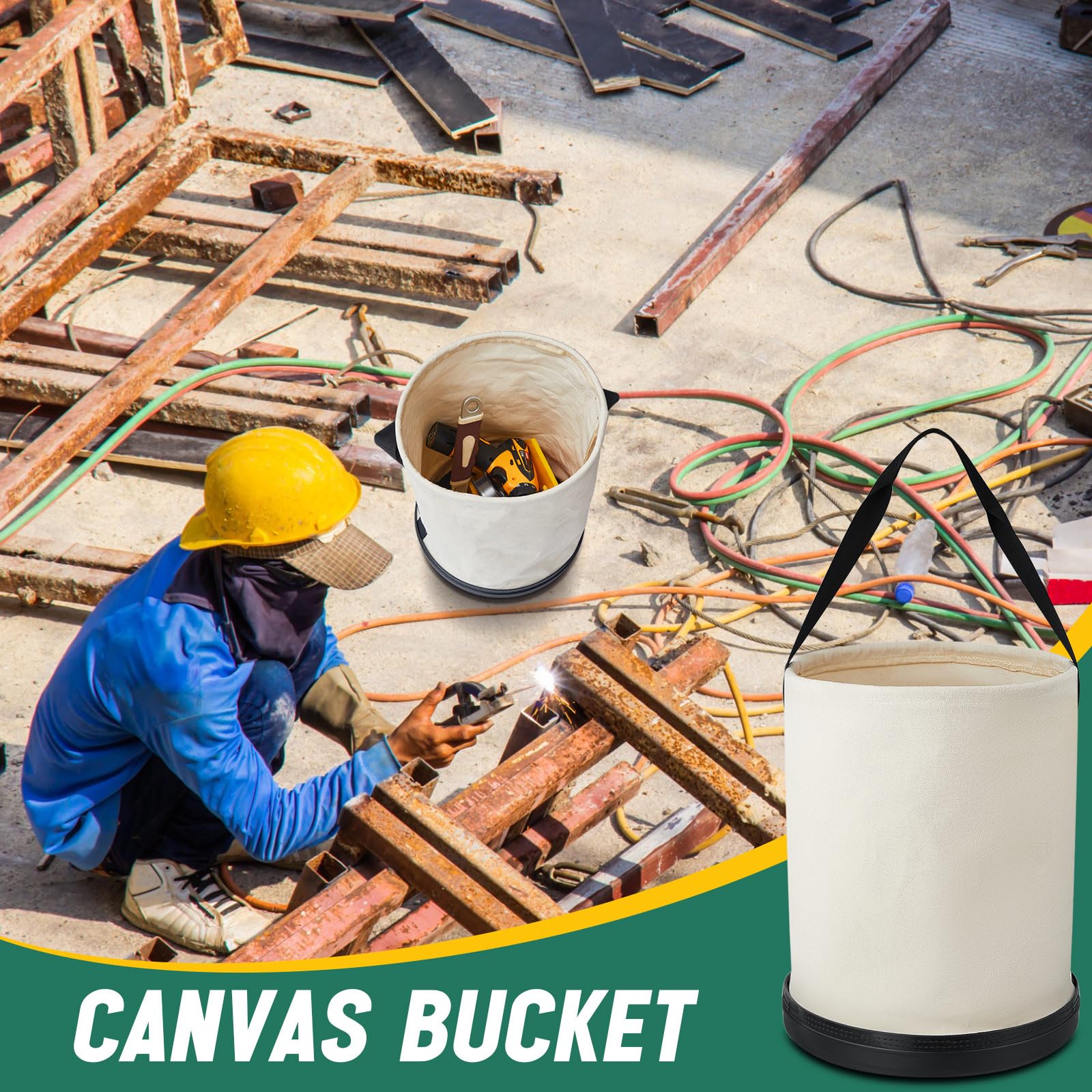 2 cubos de lona multiusos de 14 x 9 pulgadas, capacidad de carga de hasta 150 libras, cubo de trabajo con parte inferior de plástico con agujeros de drenaje para almacenar accesorios