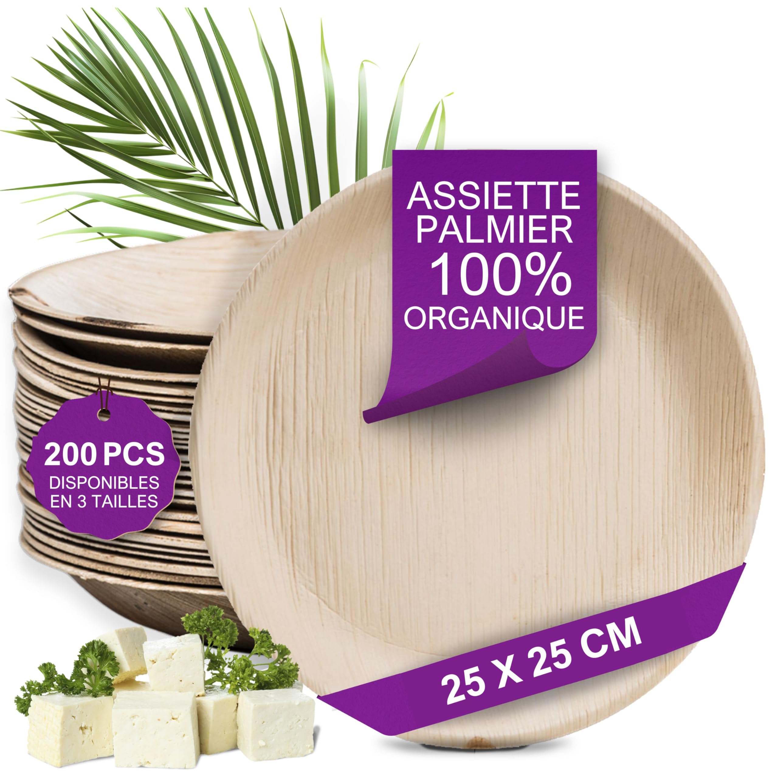 Assiette Jetable en Feuille de Palmier - 200 pcs. Rondes Ø 25 cm - Vaisselle Naturelle et Élégante - Chic, Résistante et au Design Unique -semblable au Bambou et au Carton