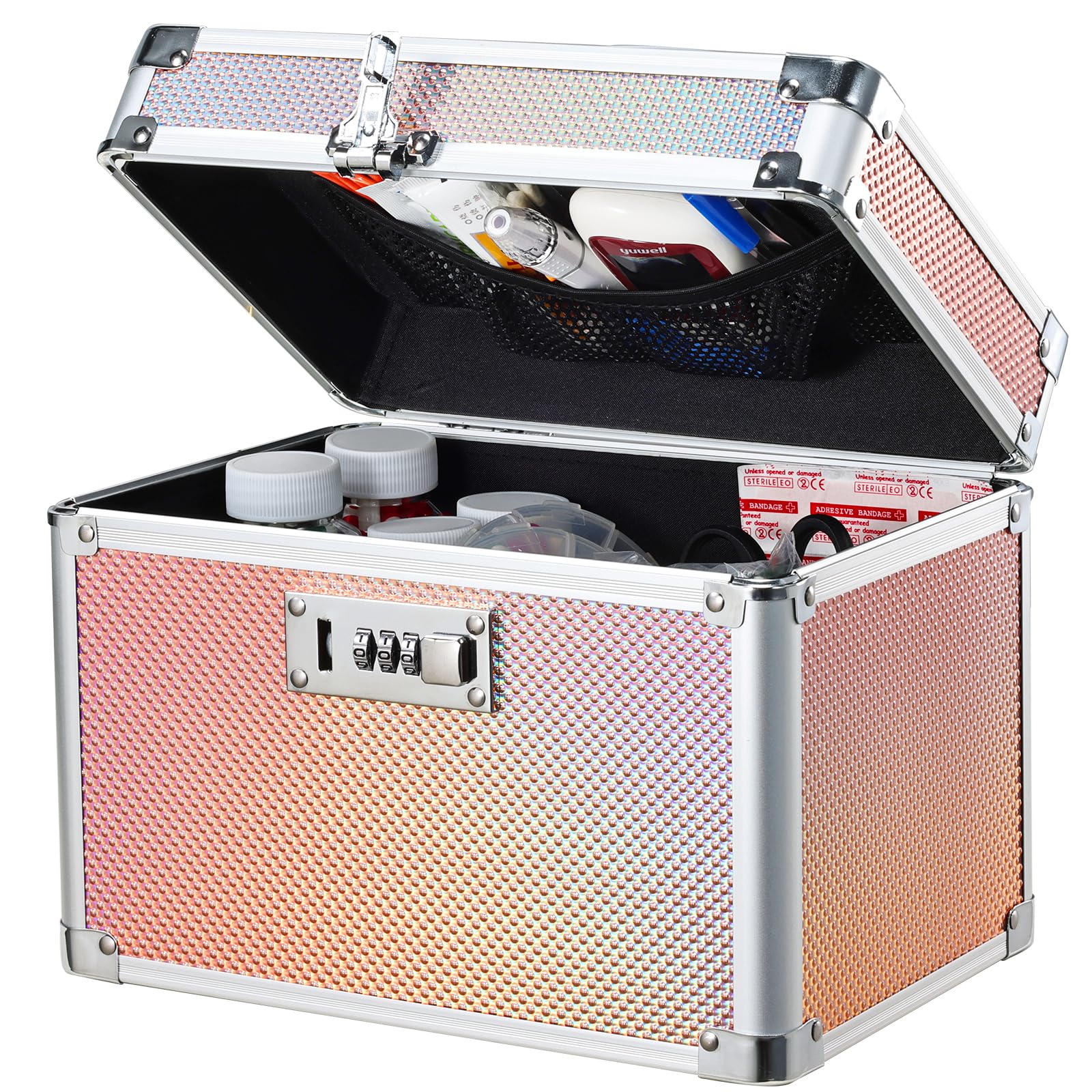 Adazzo Lockable Storage Box, Cabinet Safe Case Organizer with Combination Lock for Medications and Small Valuables, 10 x 7 x 9 Inches, Shiny Gold