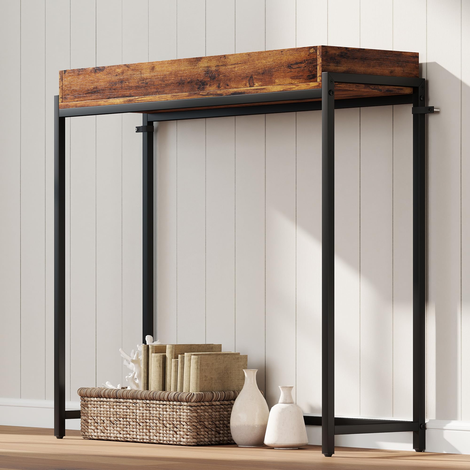 HOMCOM Konsola, stół do przedpokoju z poręczą, 100 x 30 x 91 cm, stolik pomocniczy z metalową ramą, stolik do sofy, mały stół wystawowy do małego pokoju, wejścia, korytarza, salonu, rustykalny brązowy