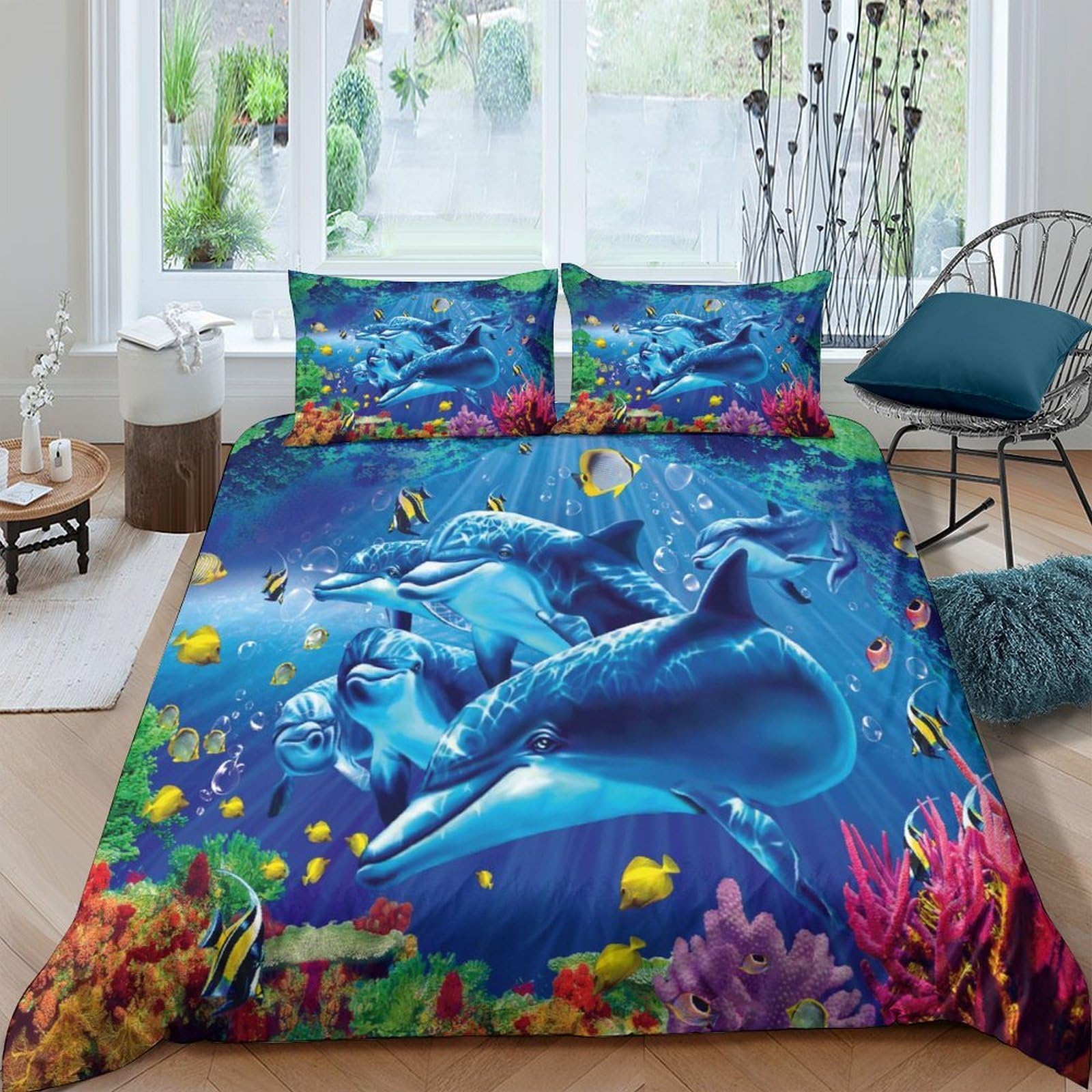 Ctjqhvkz Style-1 3D Printed Ocean Dolphin Fitted Sheet Microfiber Soft Underwater Coral Bed Cover For Bedroom Guest Room Decor Single（135X200cm）
