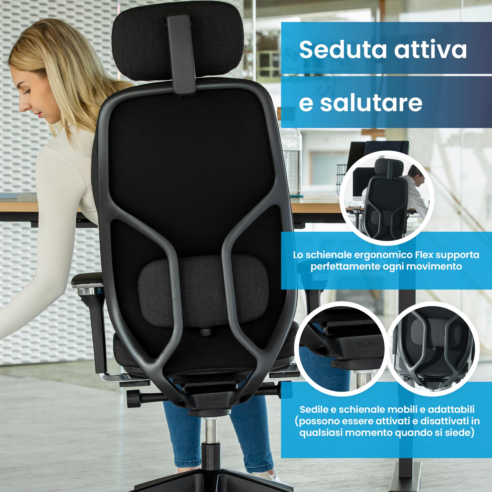 Ergotopia PureBack - Sedia Ergonomica Da Ufficio Con Poggiatesta Regolabile, Braccioli 4D E Meccanica Sincronizzata - Comoda E Traspirante