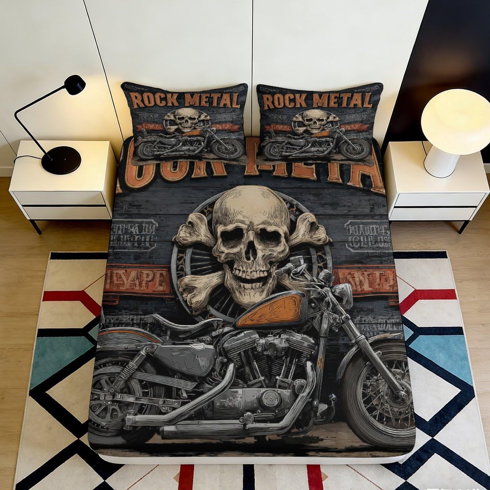 3D Printed Rock Skull Fitted Sheet Microfiber Motorbike Mattress Cover for Bedroom Dorm Decor Dustproof Washable 90x200x25cm