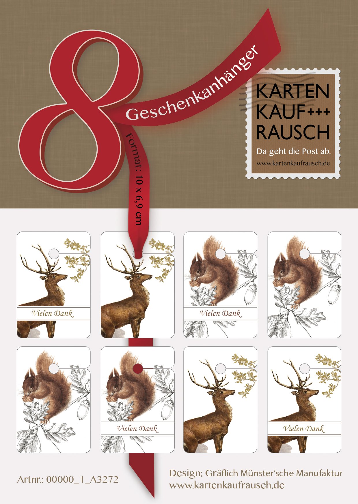 Elegante Dankes Geschenk Anhänger | Papieranhänger | Geschenk Karten (64Stk) mit Eichhörnchen und Hirsch: Vielen Dank