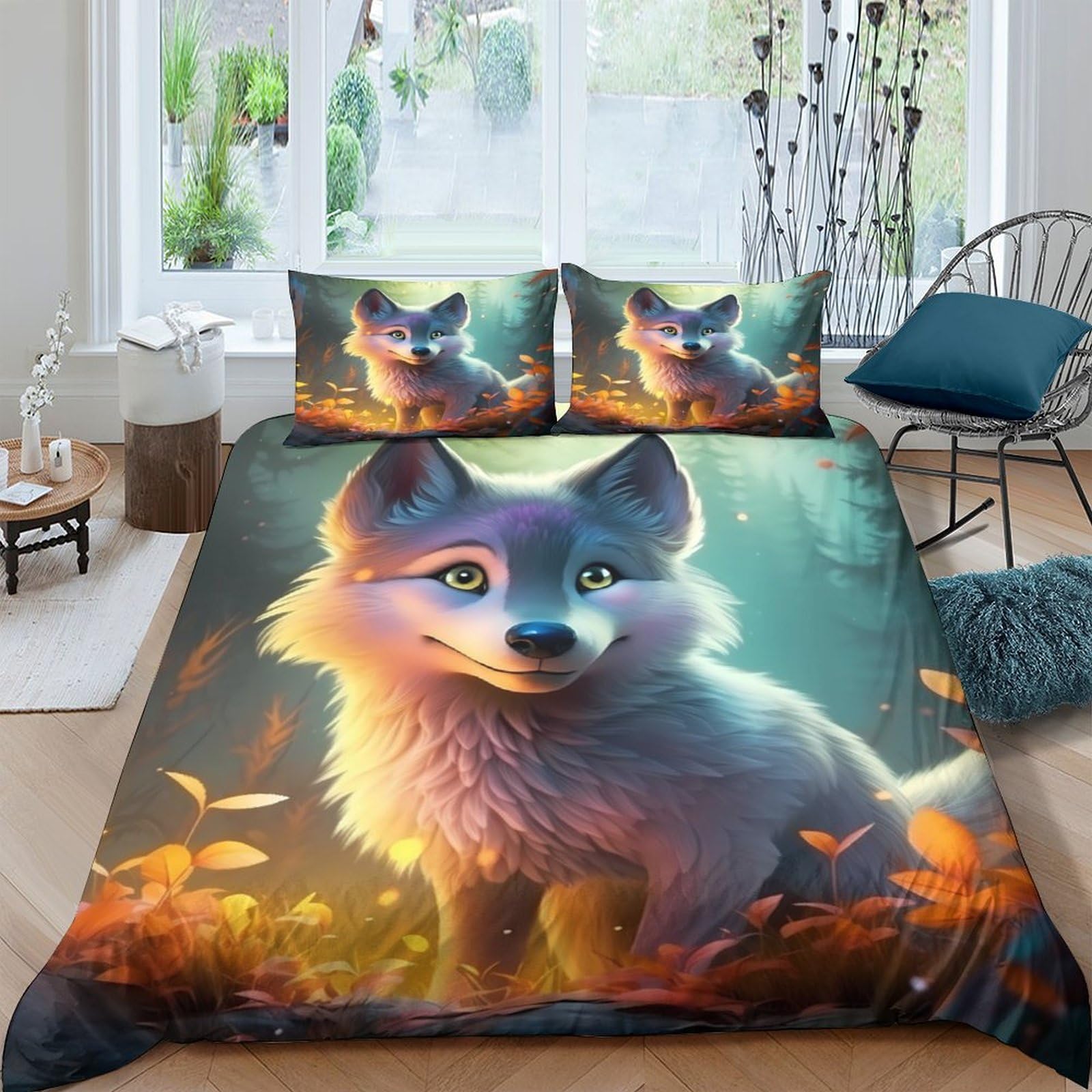 Ctjqhvkz Style-6 3D Printed Cute Wolf Fitted Sheet Microfiber Soft Autumn Forest Mattress Cover For Bedroom Guest Room Decor Single（135X200cm）