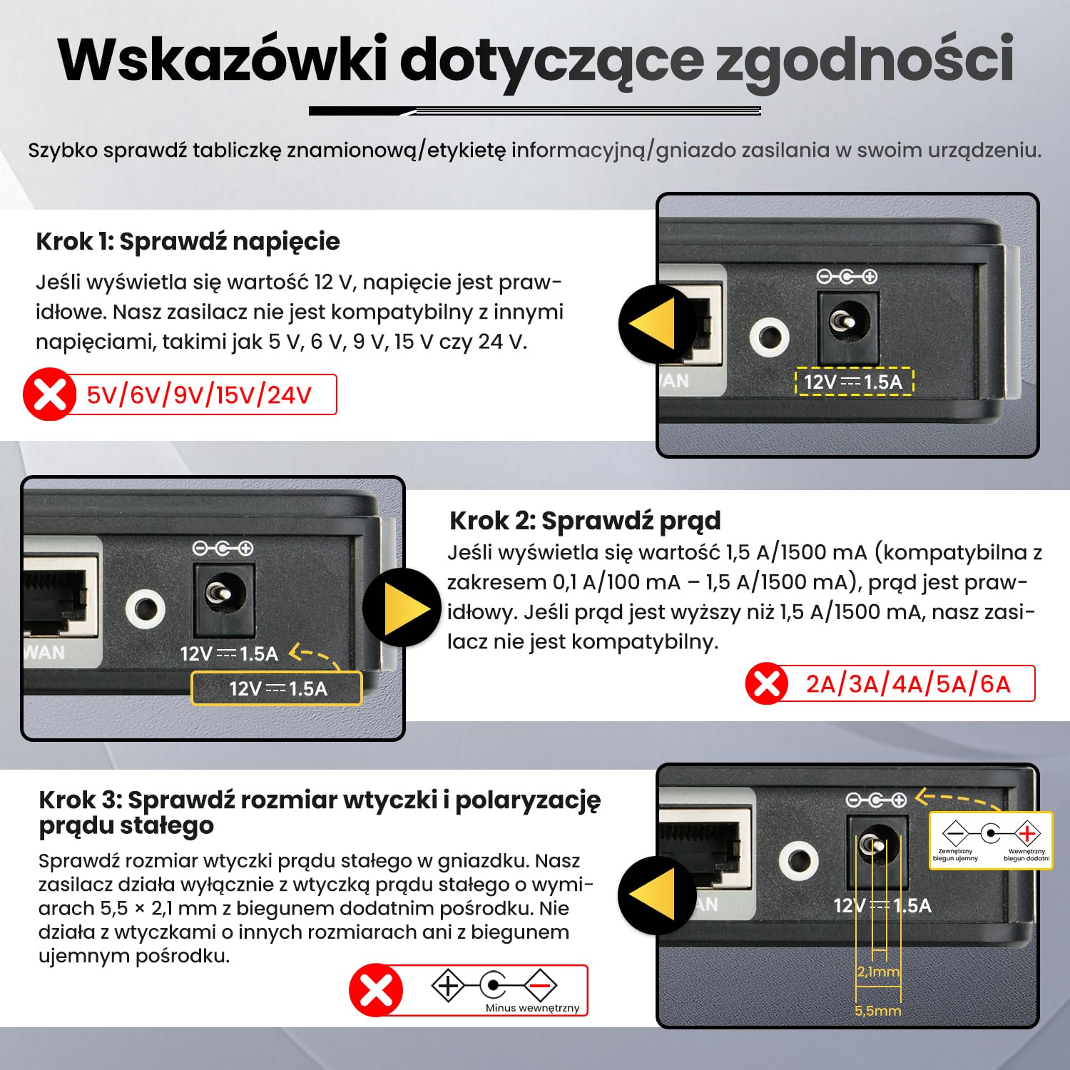 Zasilacz 12 V 1,5 A 18 W 1,8 m, adapter przełącznika AC DC (wejście 100-240 V, wyjście 12 V 1,5 A), gniazdo transformatora do montażu na ścianie DC 12 V 5,5 x 2,1 mm, znak CE