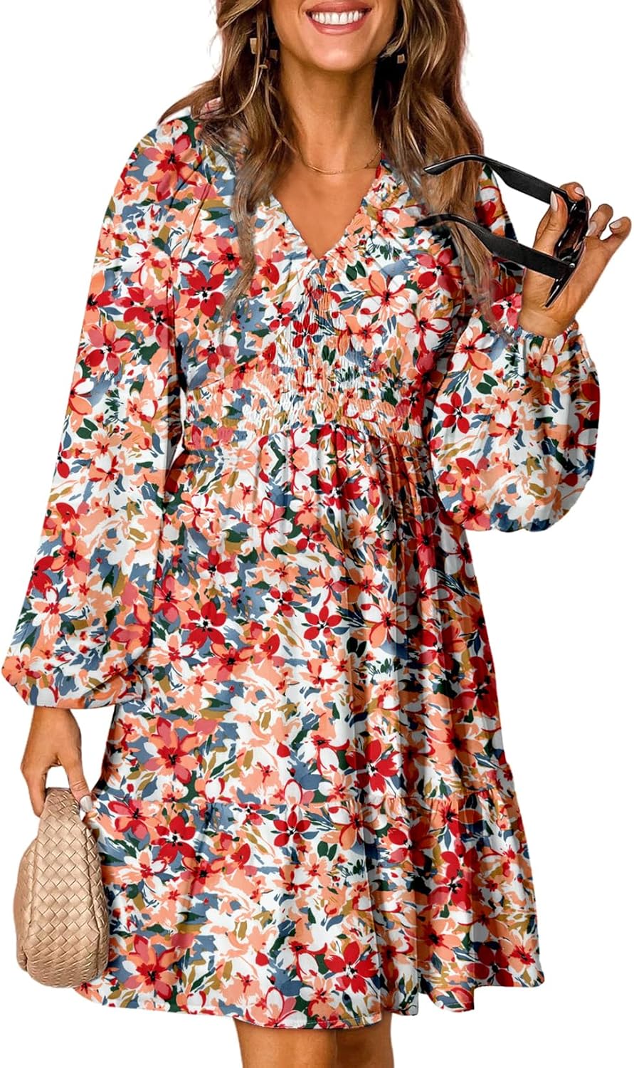 Dokotoo Fall Dresses for Women 2025 Boho Floral V Neck Long Sleeve Smocked Elastic Waist Casual A-Line Mini Dress Sundress Dokotoo Fall Dresses for Women 2025 Boho Floral V Neck Long Sleeve Smocked Elastic Waist Casual A-Line Mini Dress Sundress