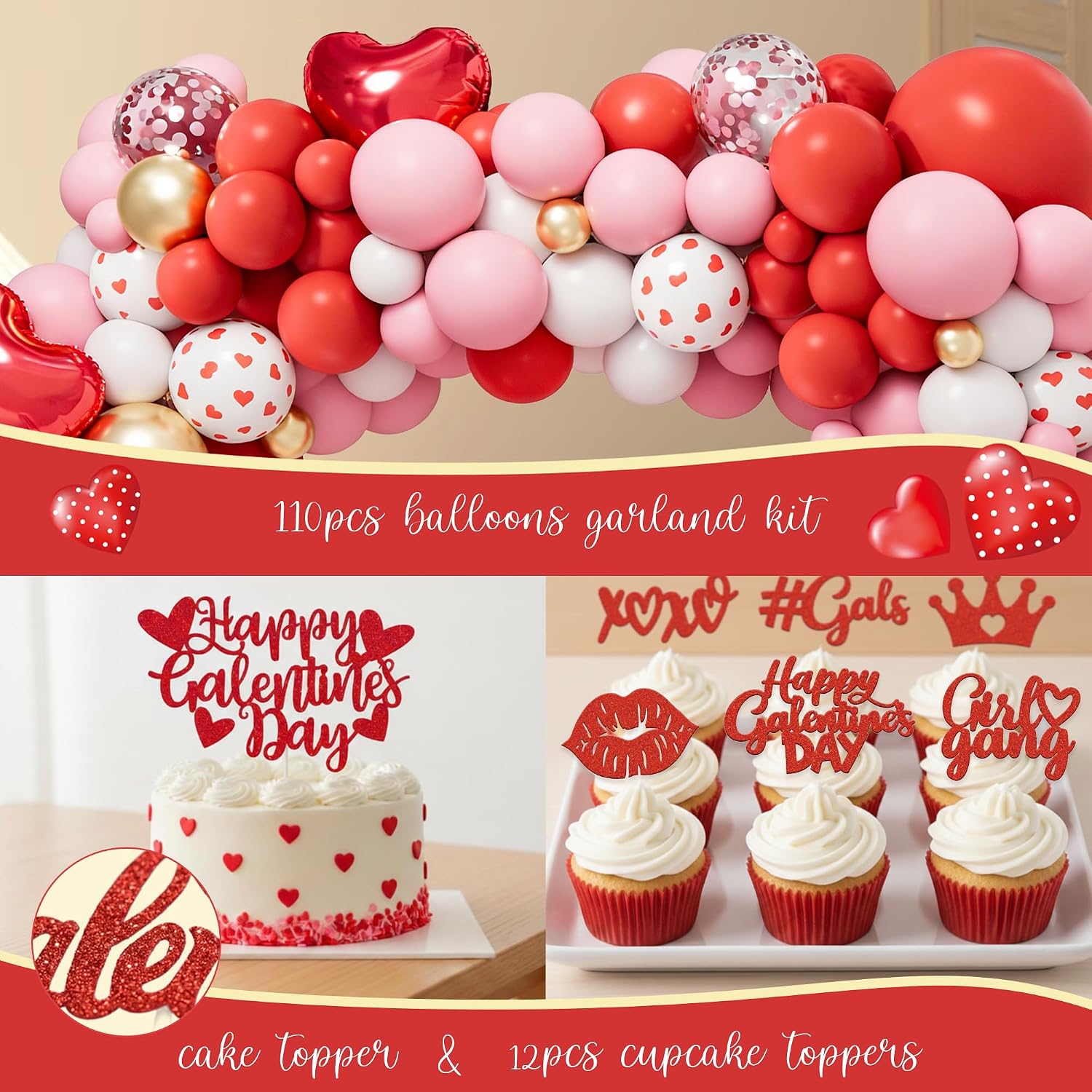 Galentine’s Day Party Decorations Kit, Happy Galentines Valentine’s Day Supplies, Red and Pink Romantic Decor, Balloon Garland, Foil Balloons, Tableware and Photo Backdrop for Girls and Ladies