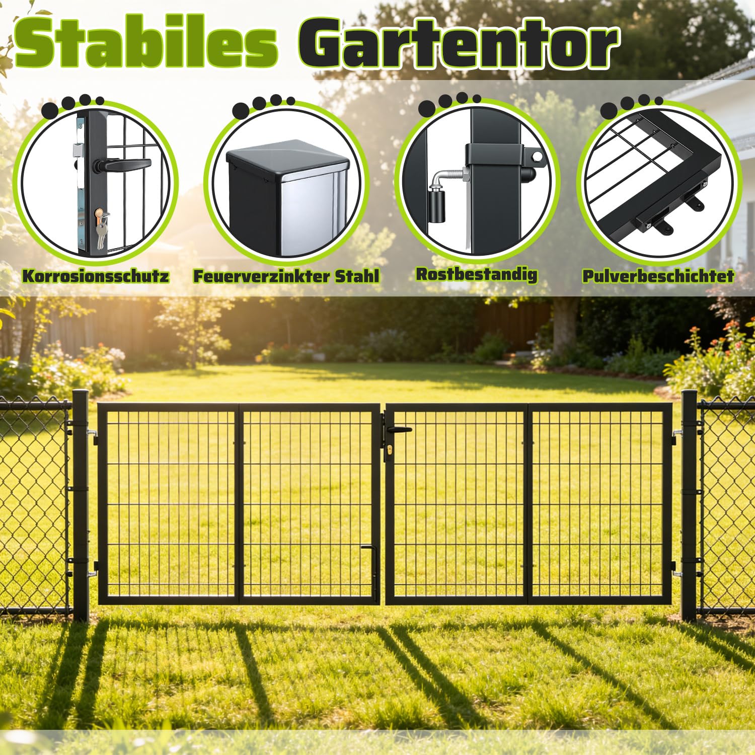 Cancello da giardino in metallo, porta a doppio battente, 300x100 cm, tubo quadrato, per giardino anteriore/terrazzo, per recinzione a doppio filo (Antracite).