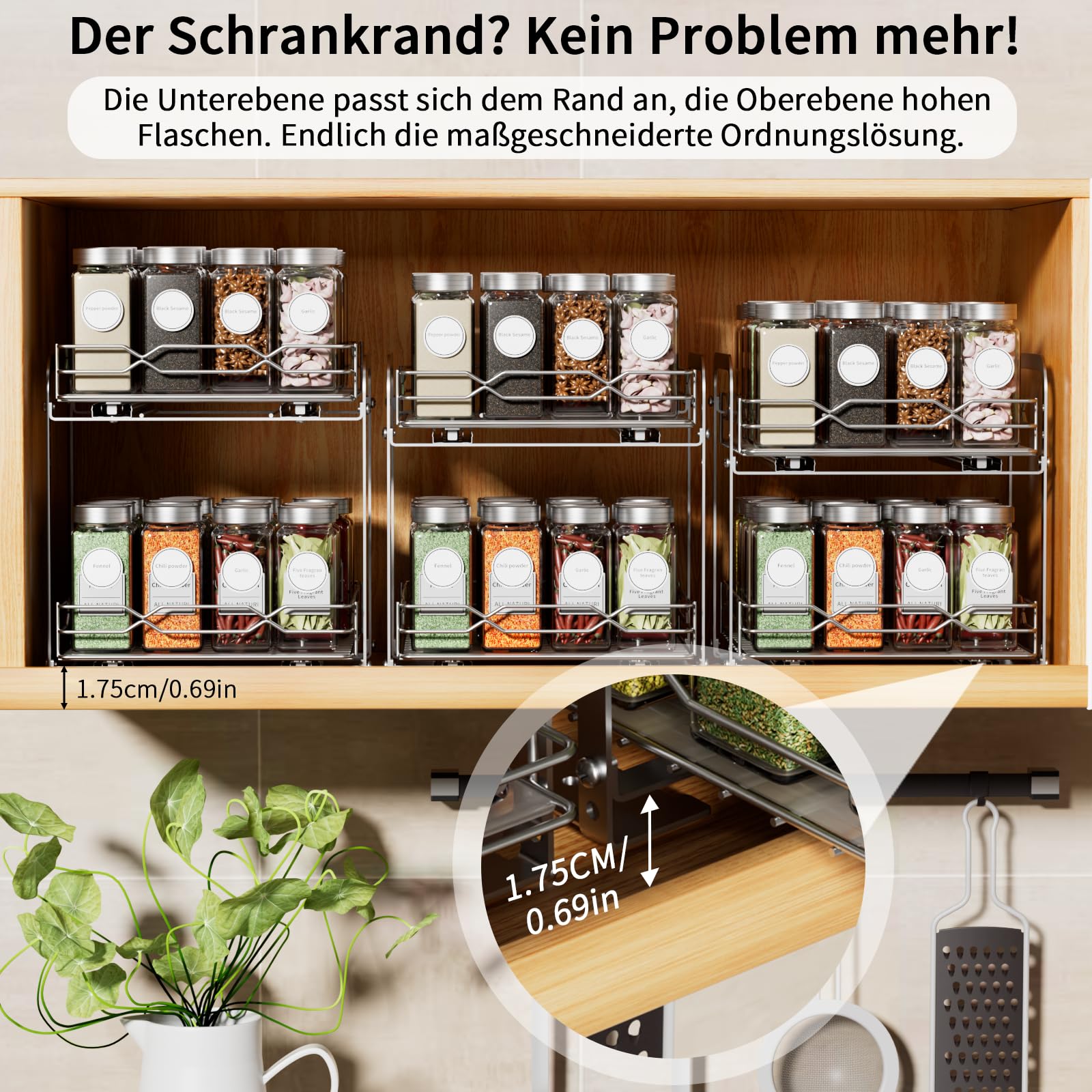 Gewürzregal Ausziehbar, Edelstahl Gewürz Organizer, 2 Etagen Höhenverstellbar Gewürzregal Schrank Küchen Organizer, Gewurzregalsystem für Küchen Schrank，Gewürzregal Stehend für schrank innen