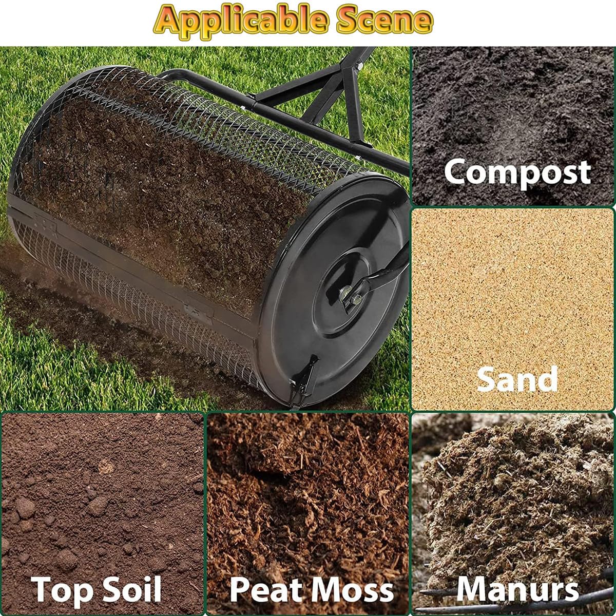 Spandiconcime per Prato e Giardino, Rullo in Ferro Resistente Largo 30/40 cm e Maniglia a T Regolabile - Spandiconcime per spargere Torba, fertilizzanti e Semi, 30 cm