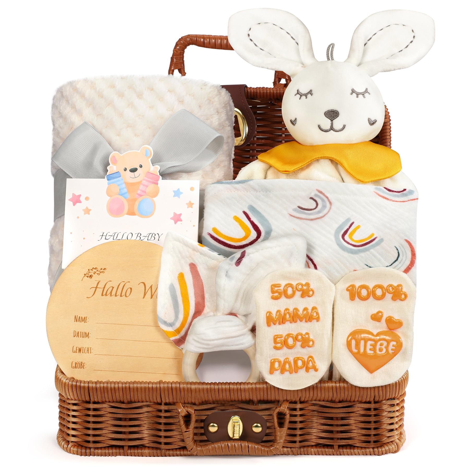 Cesta de Bebé Recién Nacido, Regalo Bebe Recien Nacido Niños y Niñas, 8PCS Cestas Bebe para Baby Shower con Toalla Calmante, Babero, Mordedor de Madera, Manta para Bebé, Tarjetas de Hitos