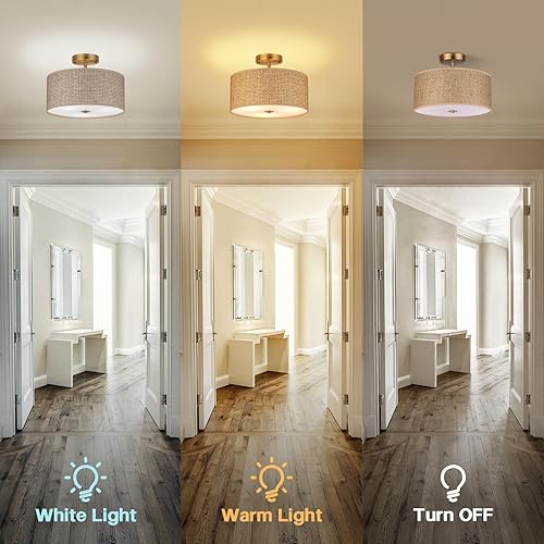 Miniatura 4 de Lámpara de techo bohemia de ratán tejido de 13 pulgadas, lámpara de montaje semiempotrado moderna de 3 luces con pantalla de tela de tambor,