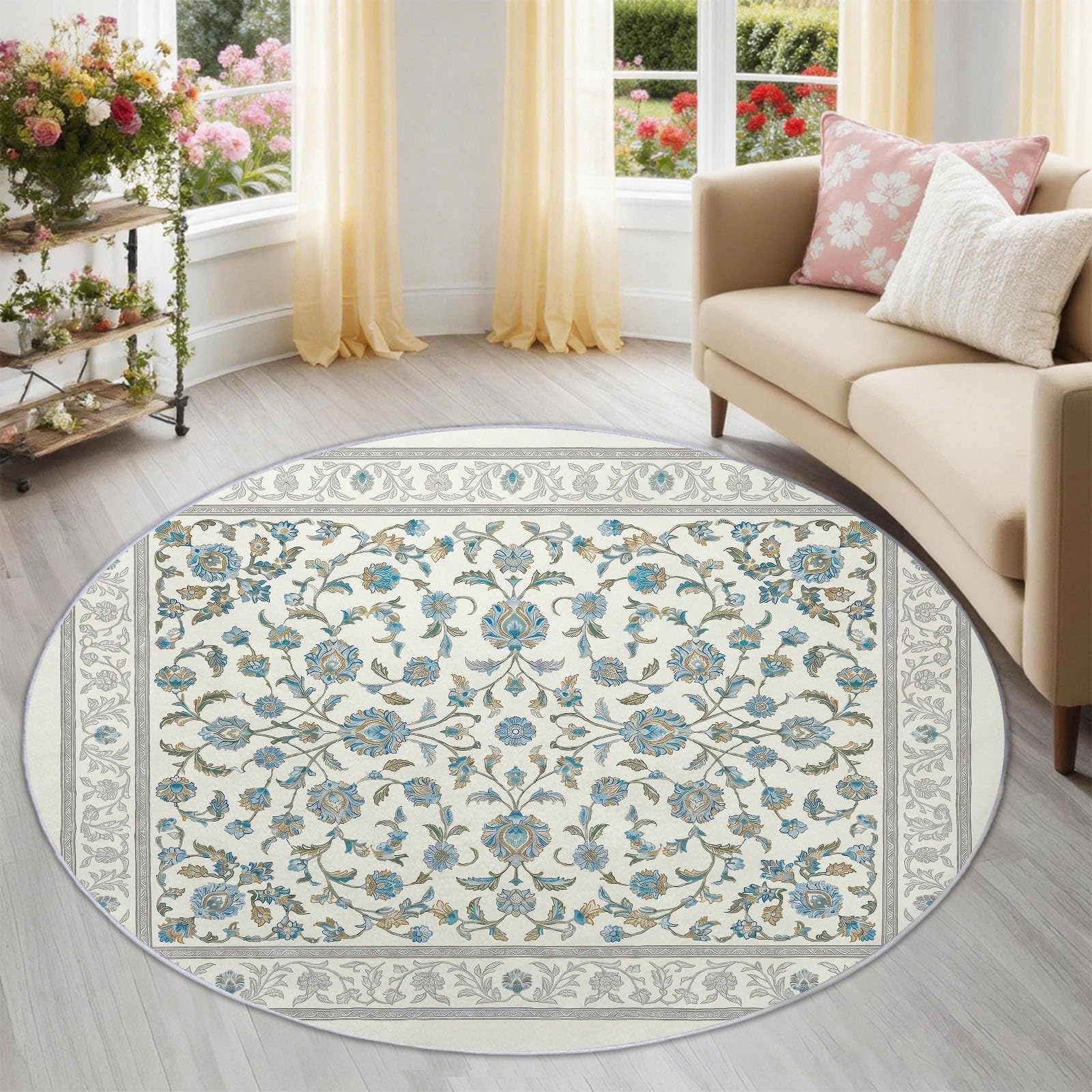 Tapis Rond 100 cm Bleu Traditionnel au Design Victorien Vintage d'Art