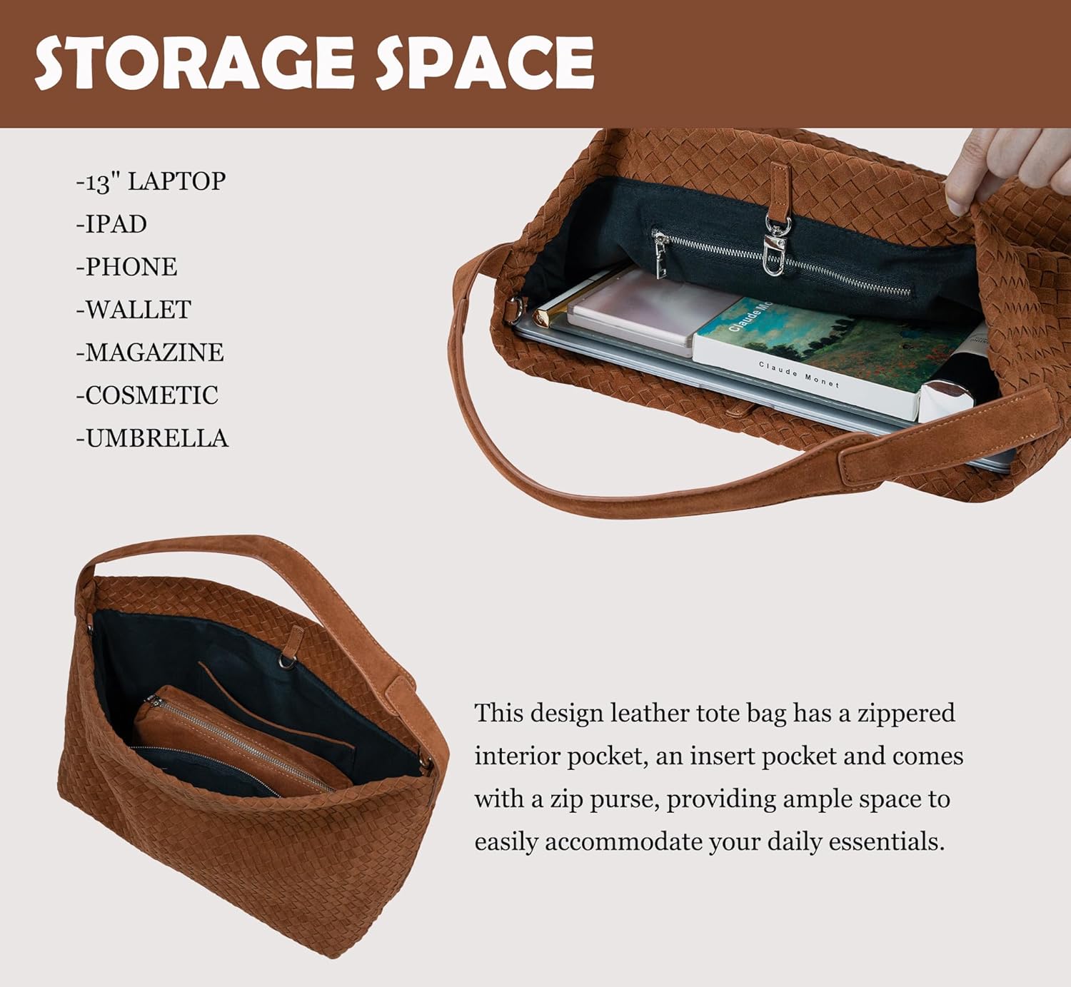 Leather Woven Tote Bag for Women, Vintage Suede Woven Hobo Bag, Large Crossbody Shoulder Slouchy Handbag - Image 5