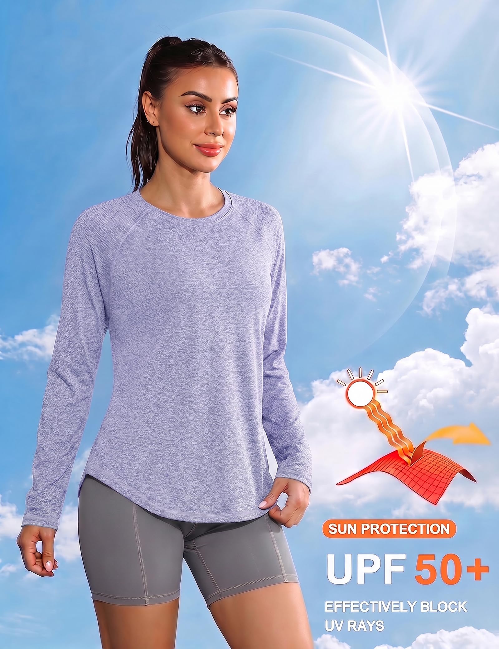 Gyabnw Damska koszulka UV UPF 50+, sportowa koszulka z długim rękawem, oddychająca koszulka funkcyjna z siateczkowym tyłem, szybkoschnąca koszulka do biegania