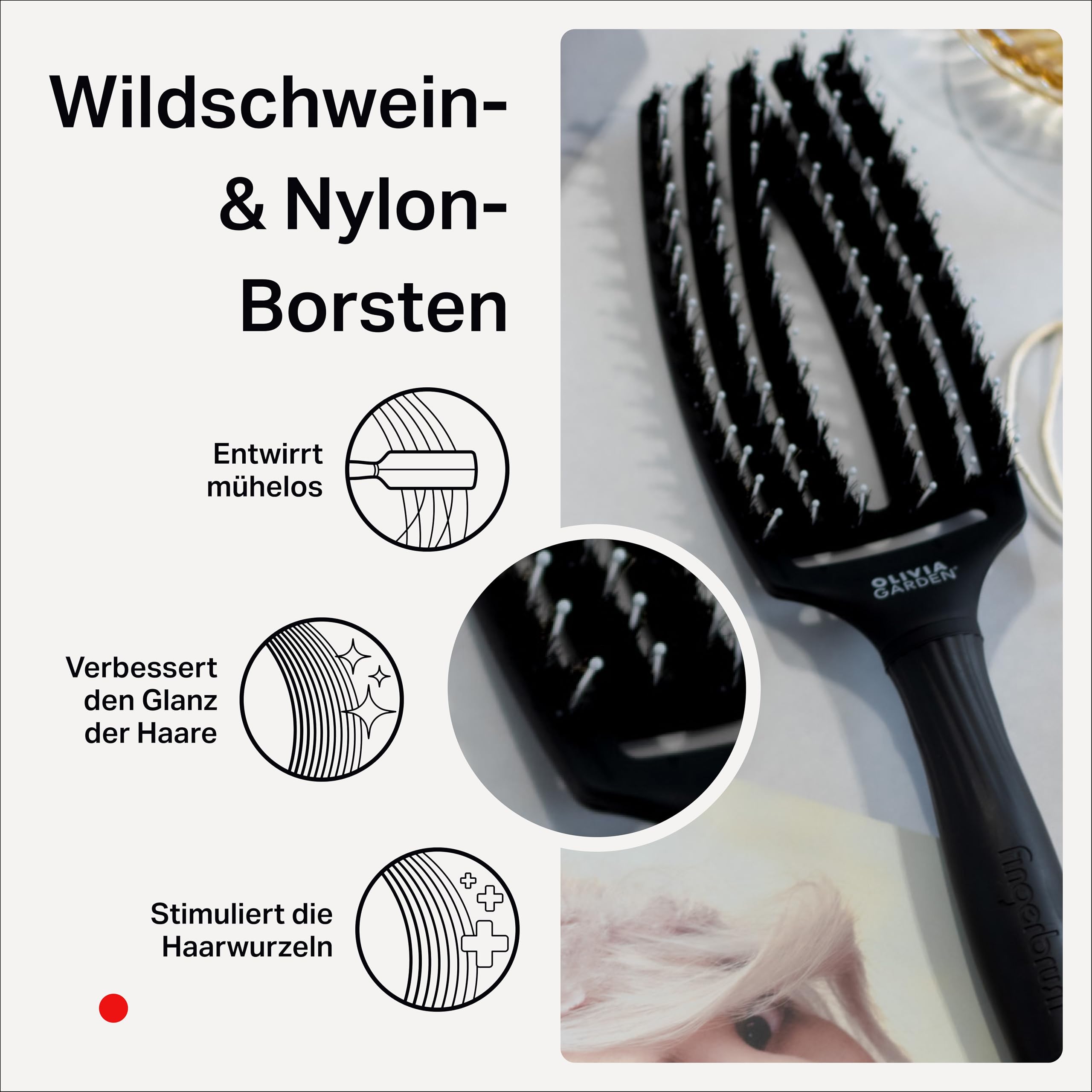 Olivia Garden Ionen-Haarbürste Fingerbrush Combo mittel, 6-reihig, zum Föhnen, Glätten und Pflegen mittellanger und langer Haare, Wildschweinborsten und antistatische Nylonborsten, sanfte Kopfmassage