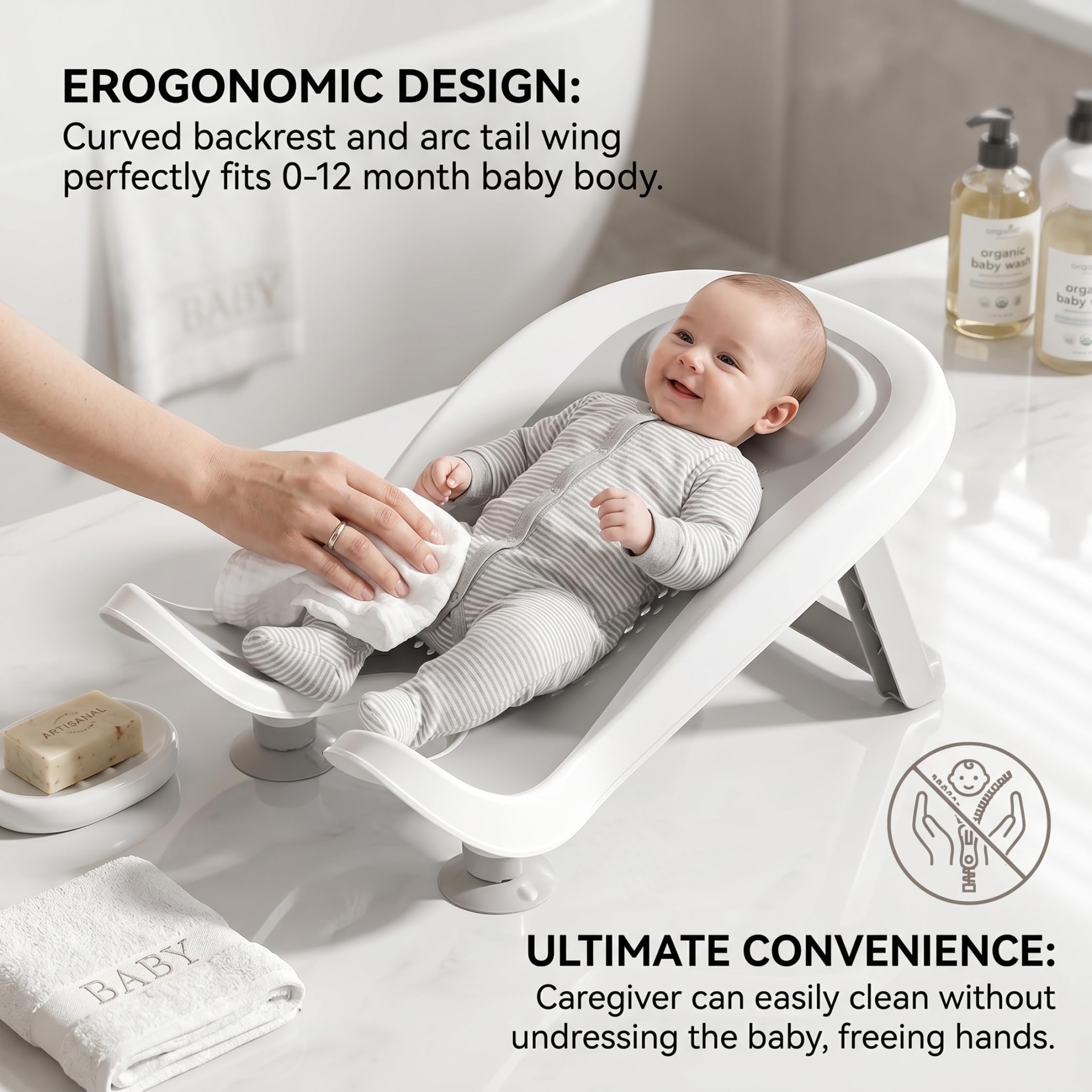 Sedili da bagno, Supporto per bagnetto, Vaschetta ergonomica per neonati con ventosa e soluzione per lavabo antiscivolo per gambe per 0-12 mesi - Grigio