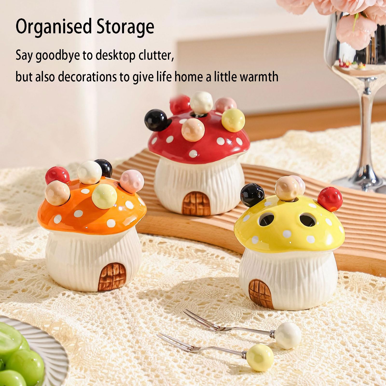 Set de 6 Fourchettes à Dessert en Acier Inoxydable avec Porte-Couverts Champignon, Fourchettes pour Gâteaux et Fruits, Accessoire Décoratif pour Cuisine et Maison