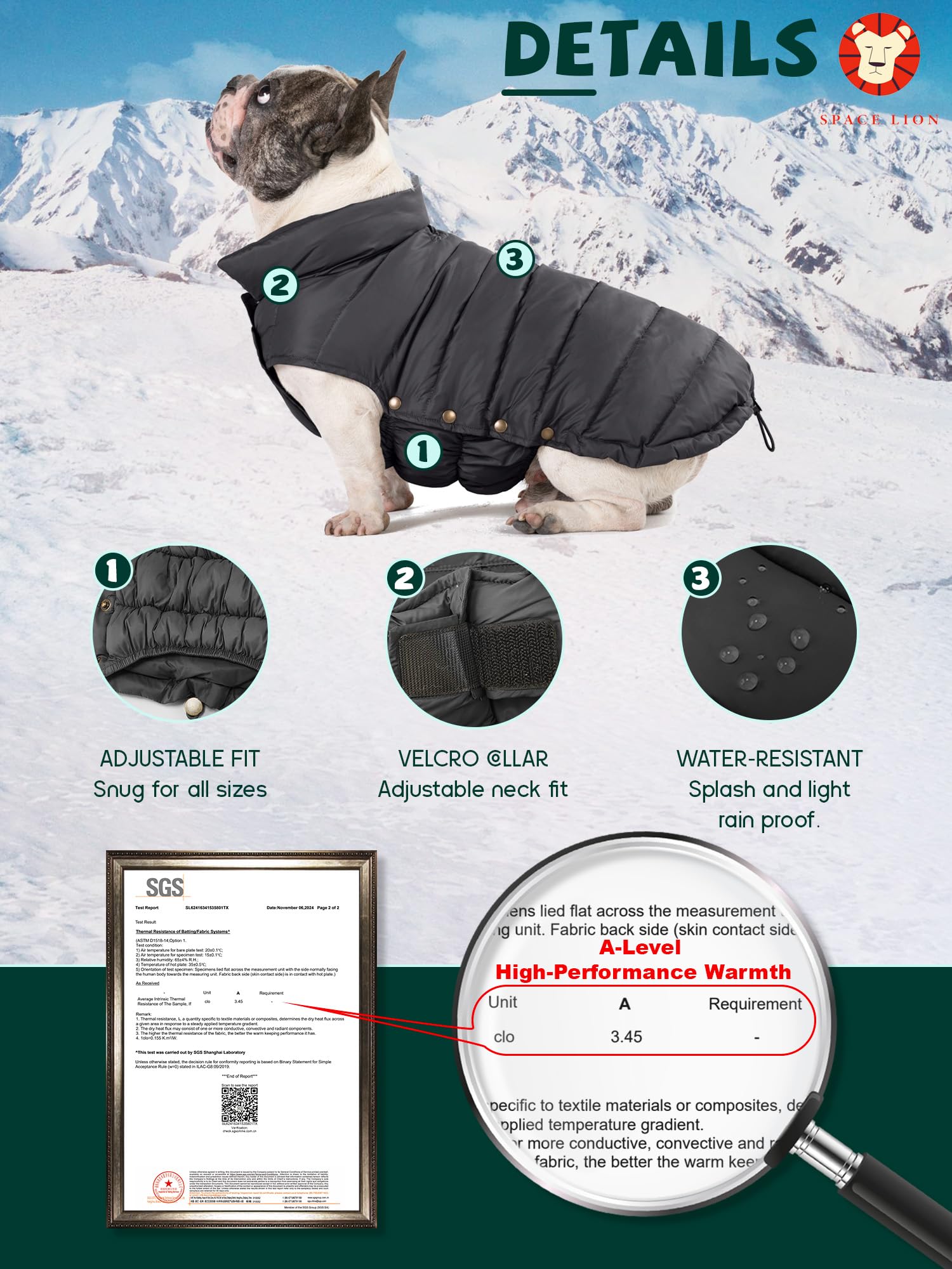 SPACE LION Piumino essenziale per cani, caldo, confortevole, leggero, impermeabile, casual, cappotto invernale per animali domestici (nero, 2XL)