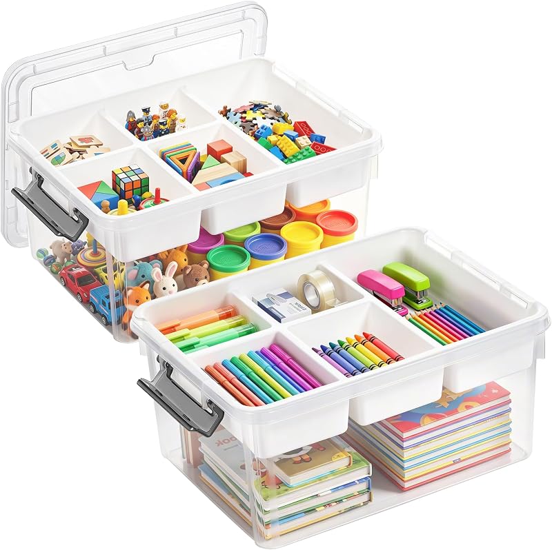 17QT 2 paquetes de organizadores transparentes para manualidades y caja de almacenamiento con bandeja | Contenedores apilables de almacenamiento organizador de suministros de arte con tapas para cuentas, marcadores, costura, herramientas, plastilina, libros para colorear, fabricados en EE. UU.