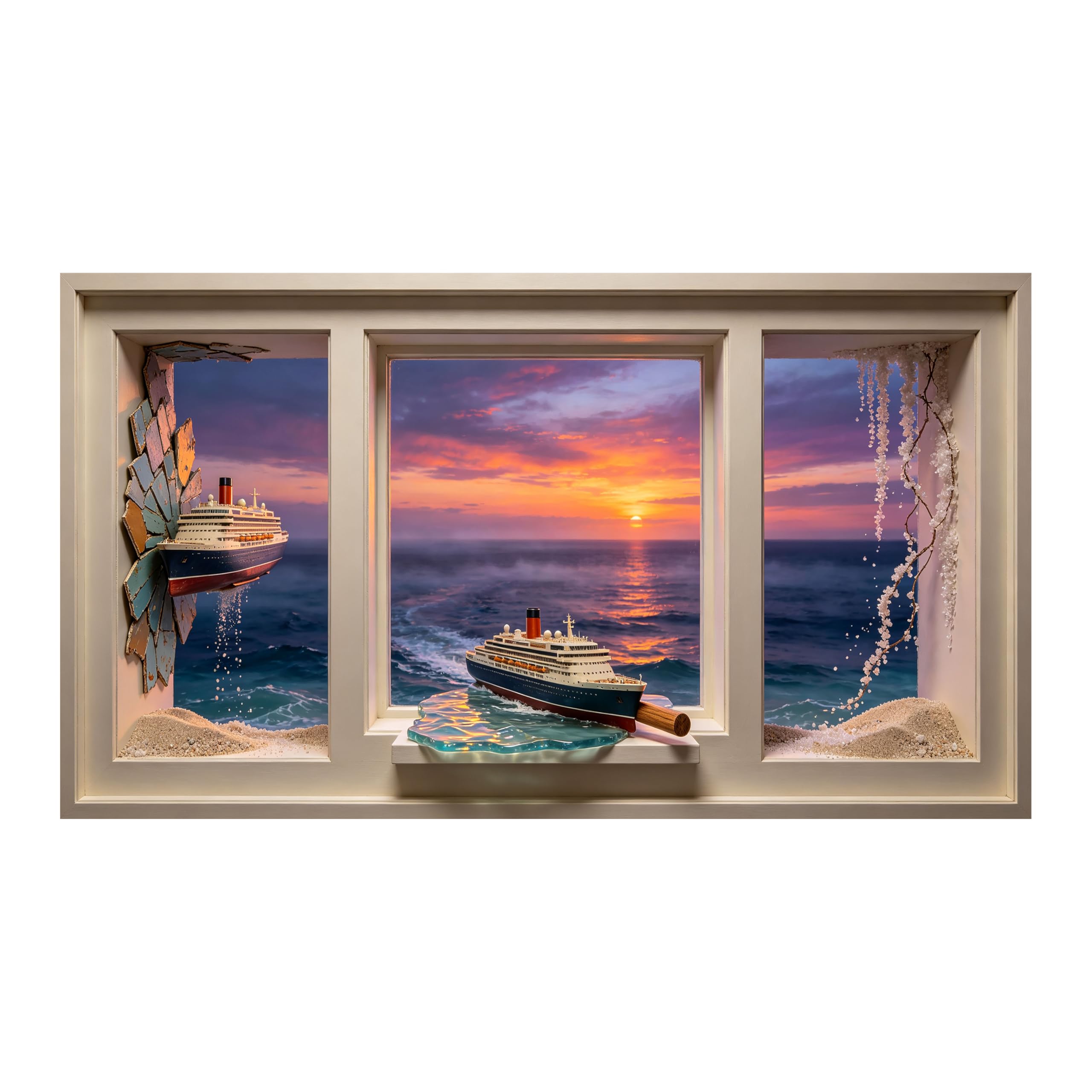 Yzpallescene Art260711255 3D Framed Wall Art Ocean Sunset Cruise Ship Window View Seascape Large Size Selfadhesive Removable Wall Decor Prints Artwork For Living Room Bedroom Office