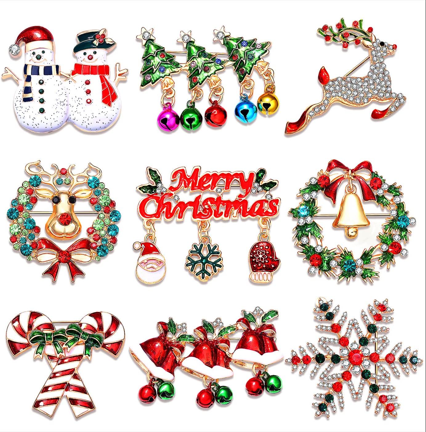 NVENF 9PCS Christmas Brooches for Women Girls Xmas Tree