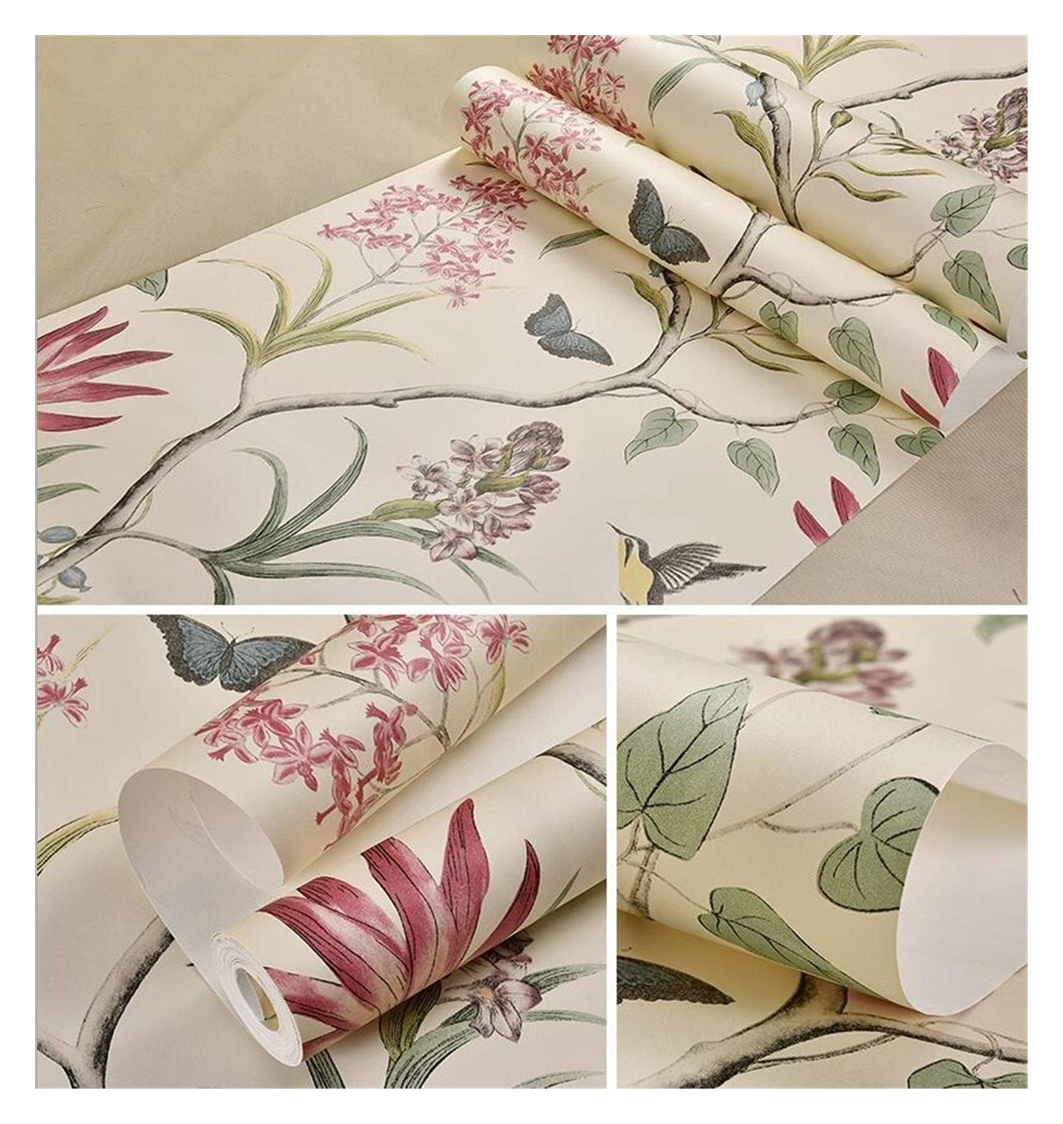 Wall Paper American Pastoral Rural Flower Brids Wallpaper Murals Beautiful Butterfly Floral Wall Papers Home Decor 3d Papier Peint Self Adhesive Wallpaper ( Color : Beige , Dimensions : 10m*53cm )