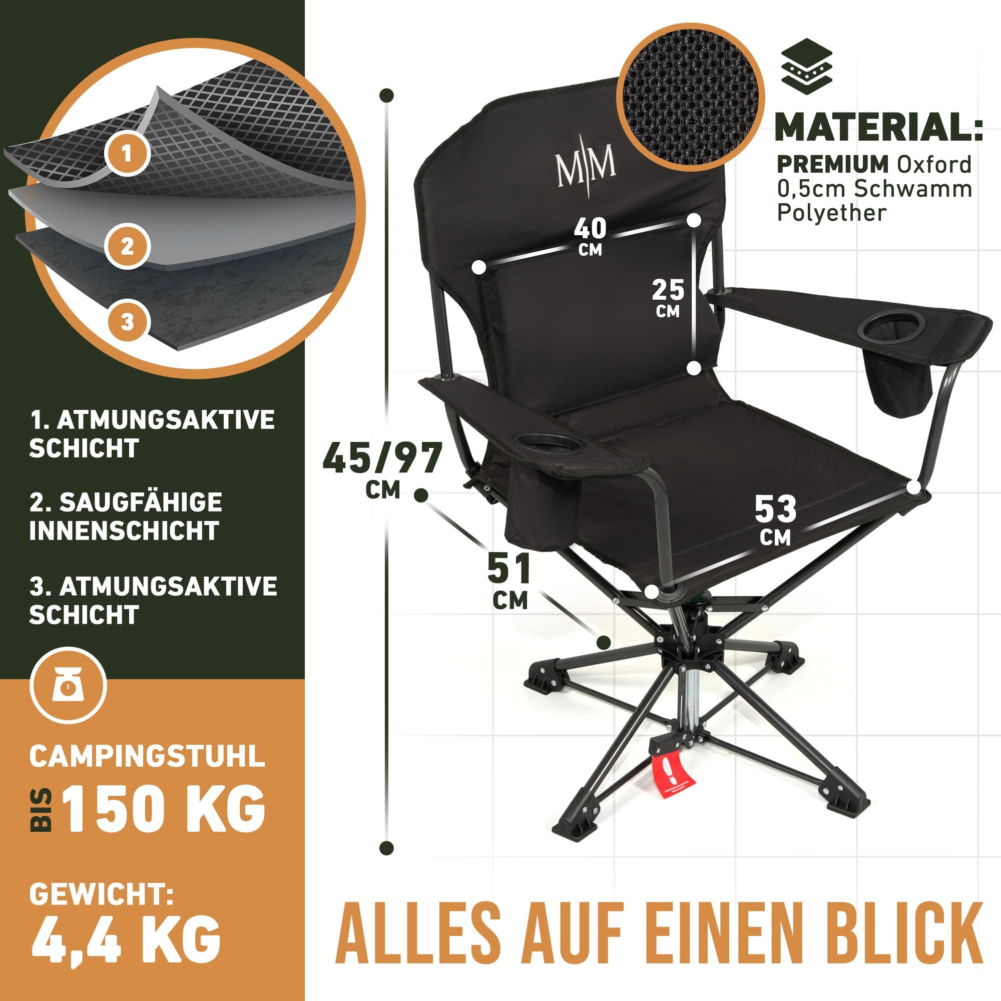 Campingstuhl faltbar schwarz bis 150 kg mit Rückentasche für Kissen oder Wärmflasche, 360° drehbar