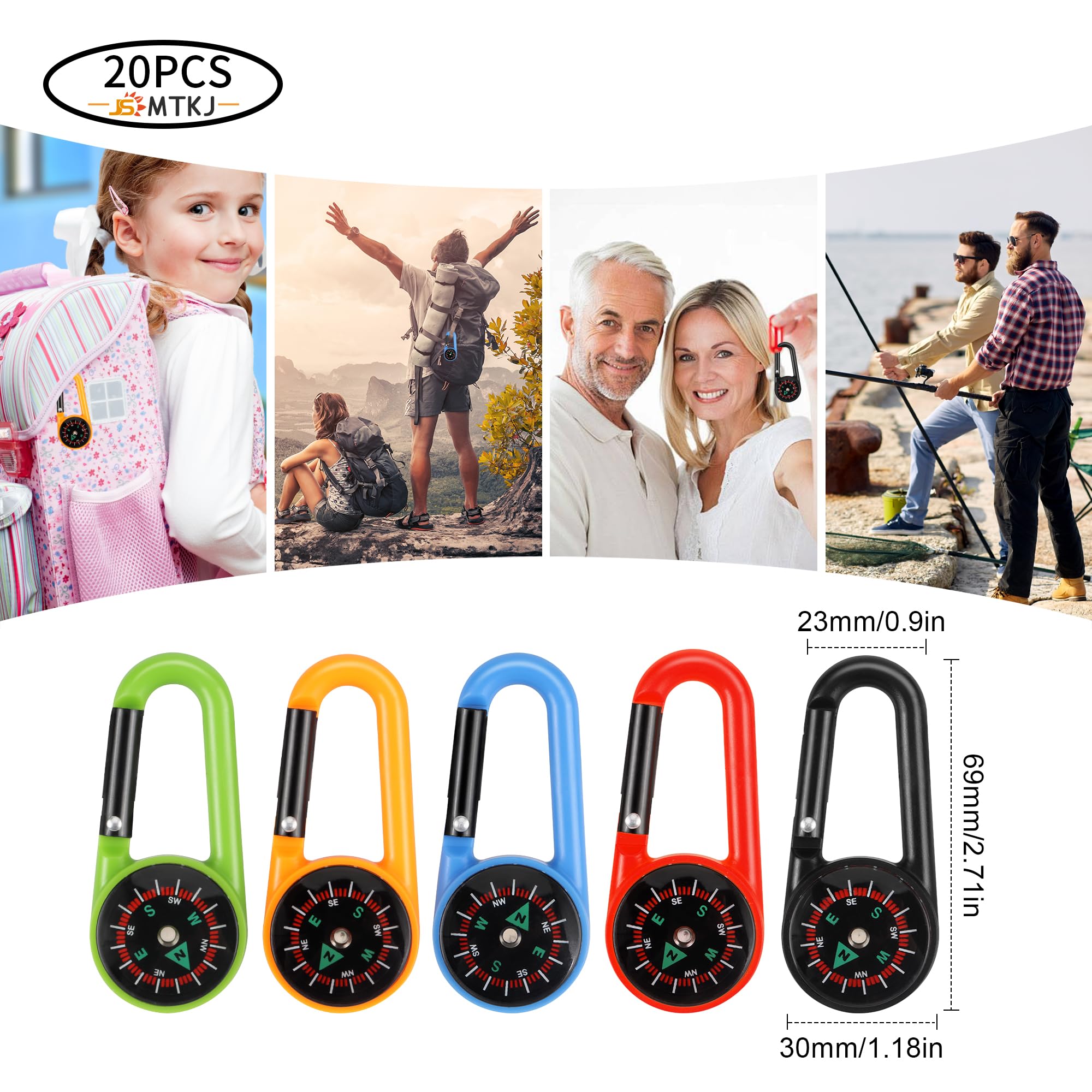 20 Pezzi Moschettoni Bussola Portachiavi Campeggio Navigazione Multicolore Bambini