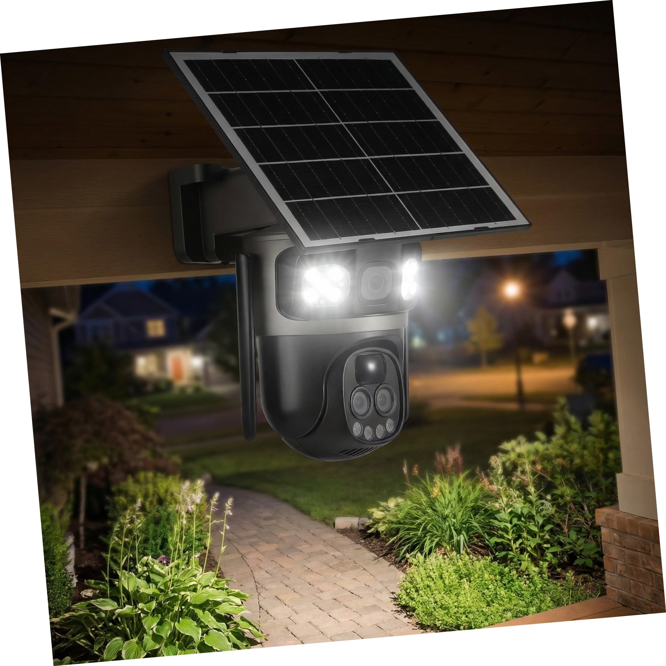 INOOMP Telecamera di Sicurezza Solare a Tripla Lente 5mp, Zoom 10x, Visione Notturna a Colori, Audio Bidirezionale, per Esterni e Sicurezza Domestica, Ip66, Abs