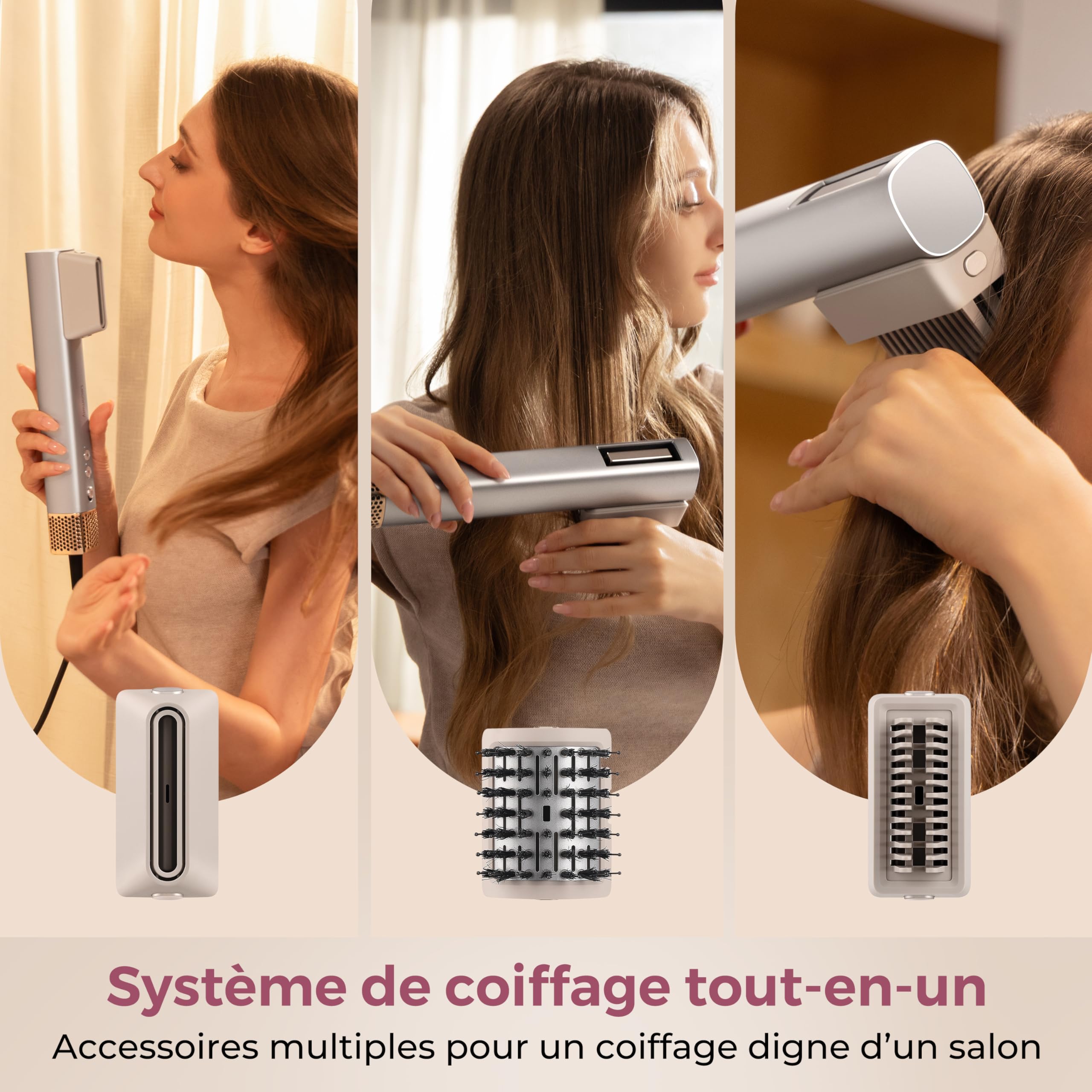 X2 Sèche cheveux 3 en 1, haute vitesse 110000 tm, femme, protection cheveux, hydro ionique, anti-frisottis,léger, brosse, concentrateur, Compacte et portable, Idéal voyage, Gris.