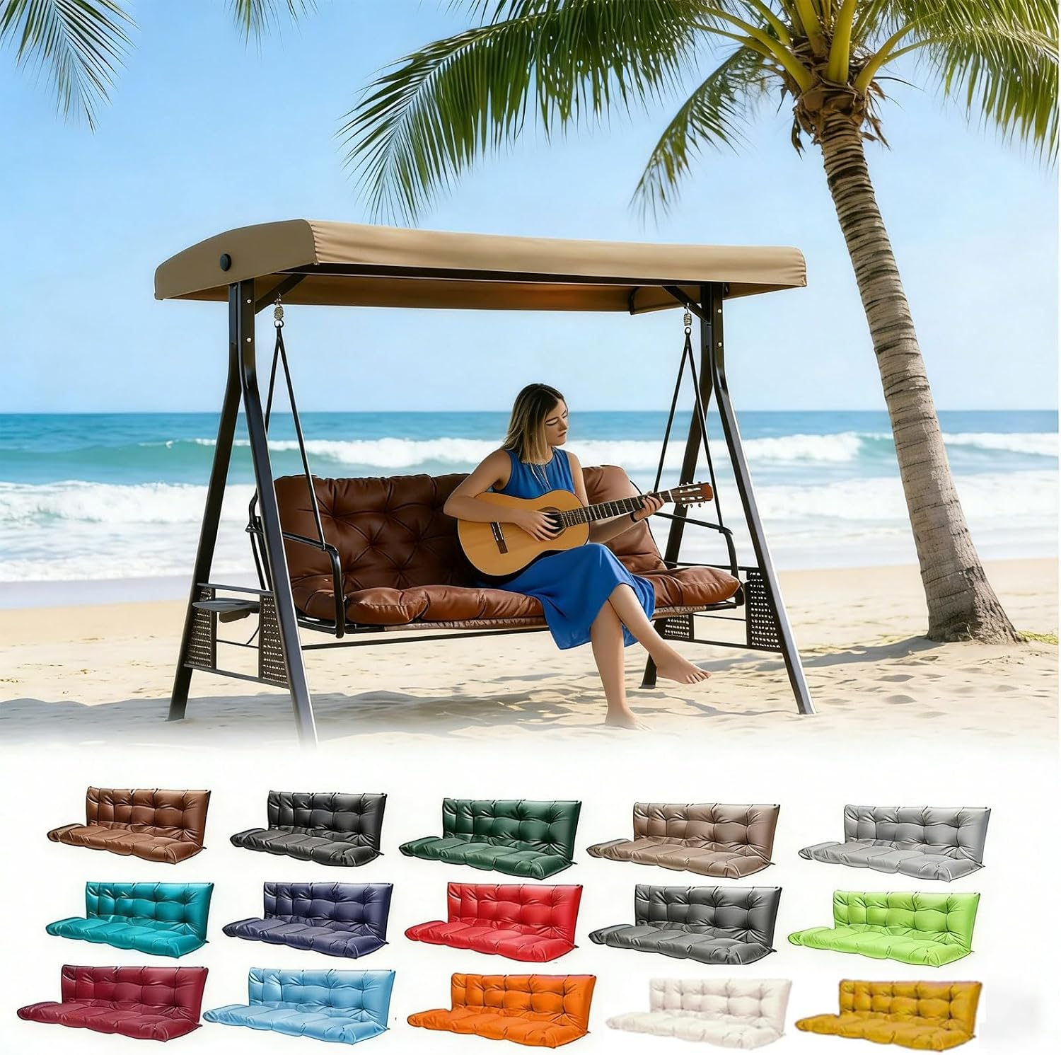 Porch Swing Cushions, 2-3 Seater Thick Waterproof Replacement Swing Cushions Replacement with Backrest, Outdoor Swing Bench Cushions for Patio,Long Bench,Garden(Khaki 40×40 in)