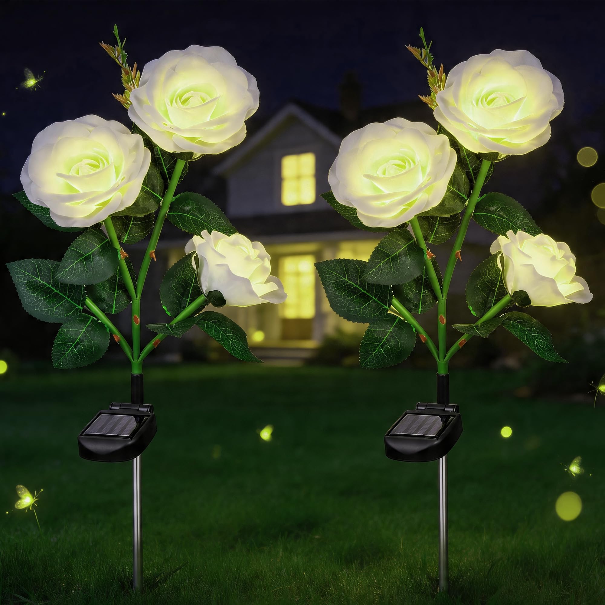 Hahorpa 2 Pack White Rose Flower Solar Lights Outdoor Garden, IP65 Waterproof LED Pathway Stake Lights, Auto On/Off Solar Powered Ornaments for Garden, Pathway, Grave