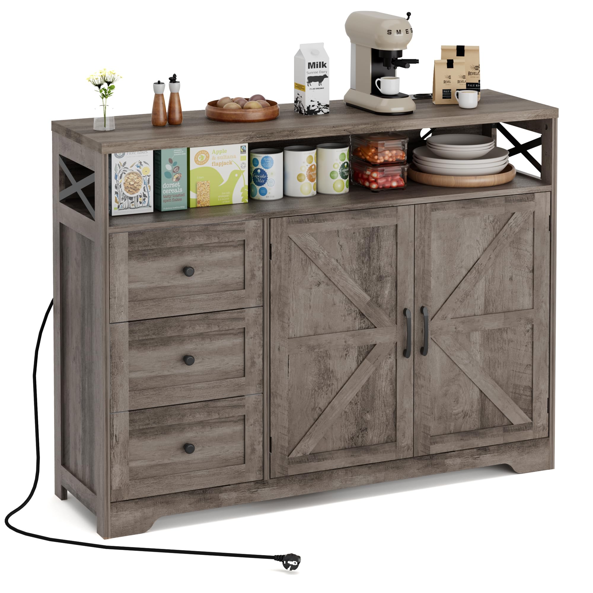 BonVache Kredens, szafka kuchenna z szufladami, szafka do przechowywania, kredens z otwartym regałem, szafka do kawiarni, do kuchni, jadalni, salonu, 120 x 35 x 95 cm, szary