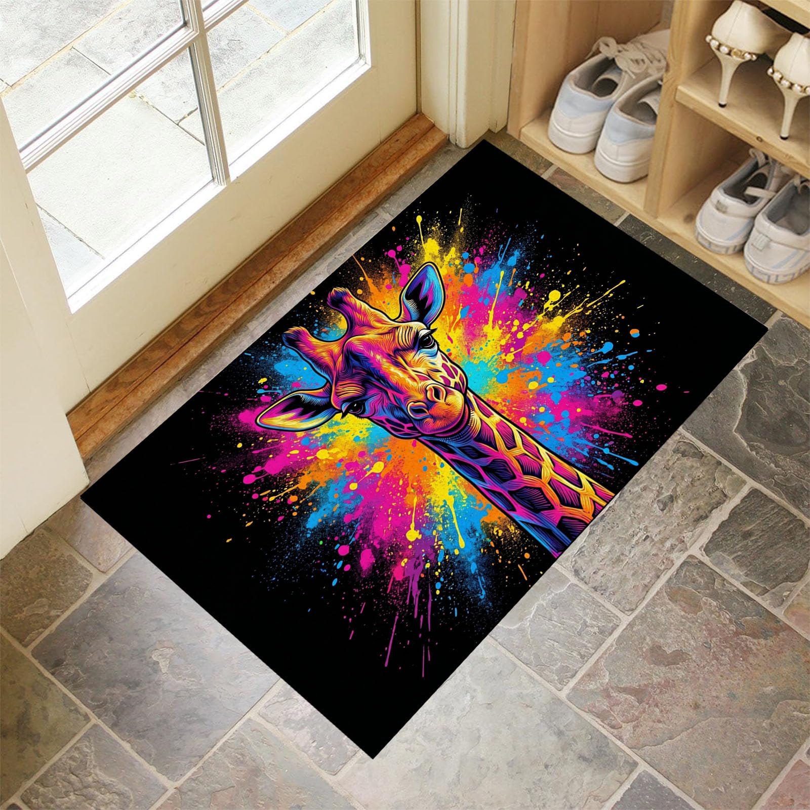 90X150Cm Zerbino Ingresso Interno Antiscivolo Assorbente, Tappeto Microfibra Sottile Lavabile Con Giraffa Con Schizzi D'Inchiostro Pop Art Animali Fantastici Per Cucina Bagno Porta Animali, Nero