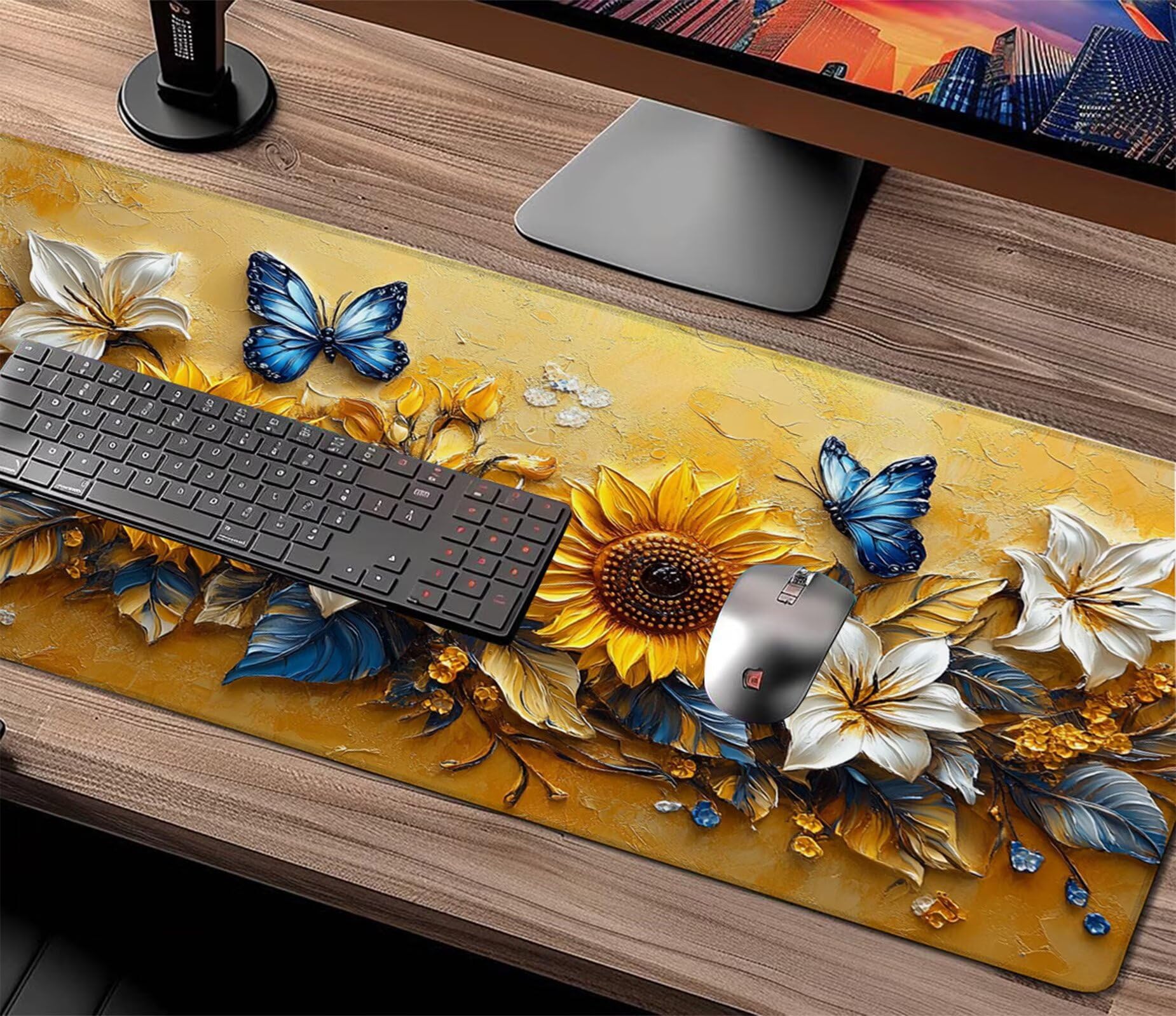 Gamingowa podkładka pod mysz XXL, 1200 x 600 mm, słonecznik, lilia, podkładka na biurko z antypoślizgową gumową podstawą, szyte krawędzie, poprawia prędkość, precyzja, akcesoria gamingowe X1-348