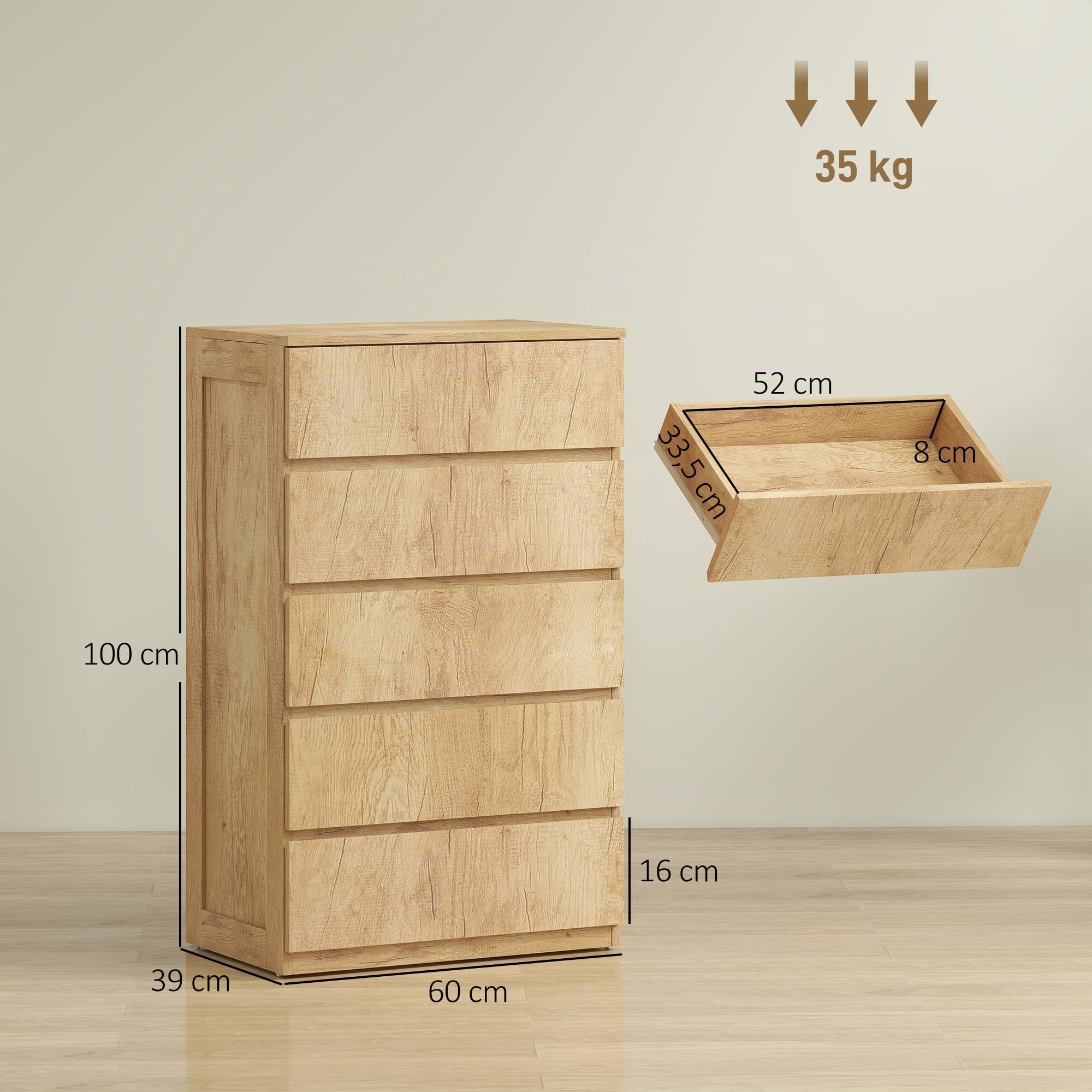 HOMCOM Cómoda 5 Cajones Diseño sin Tiradores 60x39x100 cm Madera Natural | Cómoda Dormitorio Moderna, Sinfonier, Cajonera para Sala de Estar, Comedor, Entrada
