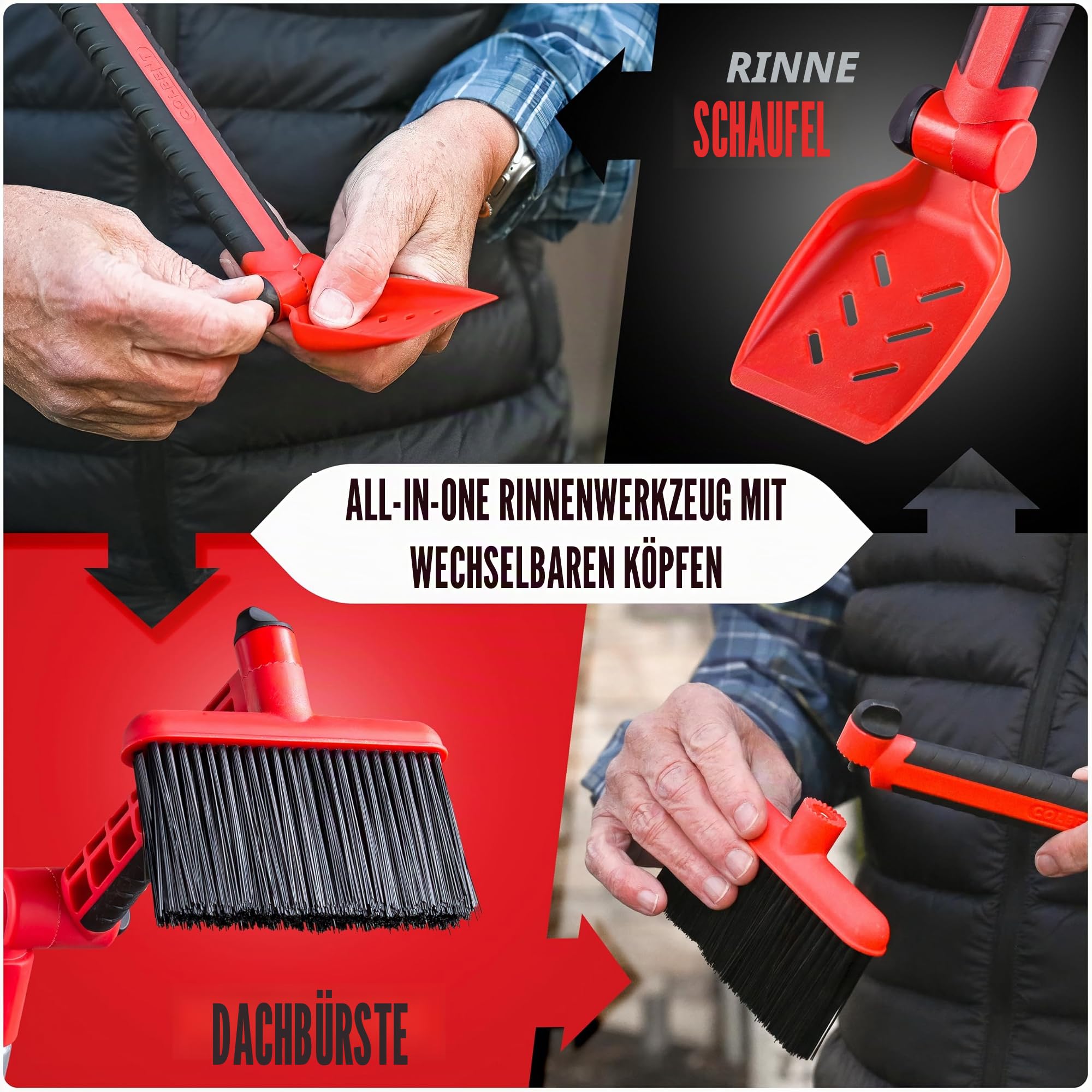 Mehrwinkel-Dachrinnenreiniger für die Reinigung vom Boden – Aufsatz für Gewindestangen mit Dachrinnenschaufel & Bürste zur Reinigung von Regenrinnen & zum Entfernen von Laub aus Dachrinnenschutz