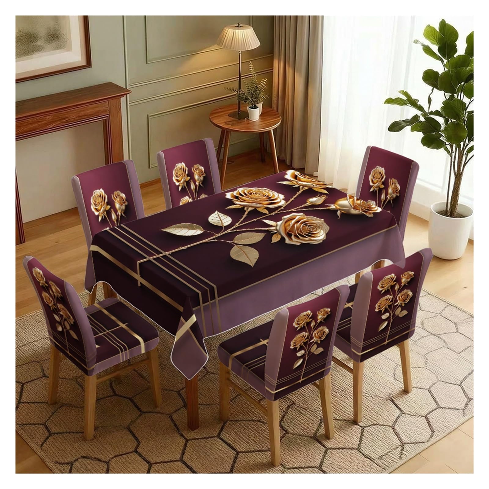 KXUAUV Burgundy Golden Rose Line Pattern Stretch Dining Chair Slipcover & Tablecloth Set, Modern Luxury Dining Decor, 5/7 Pack Party Decor(7pcs Set: Tablecloth+Chair Covers)