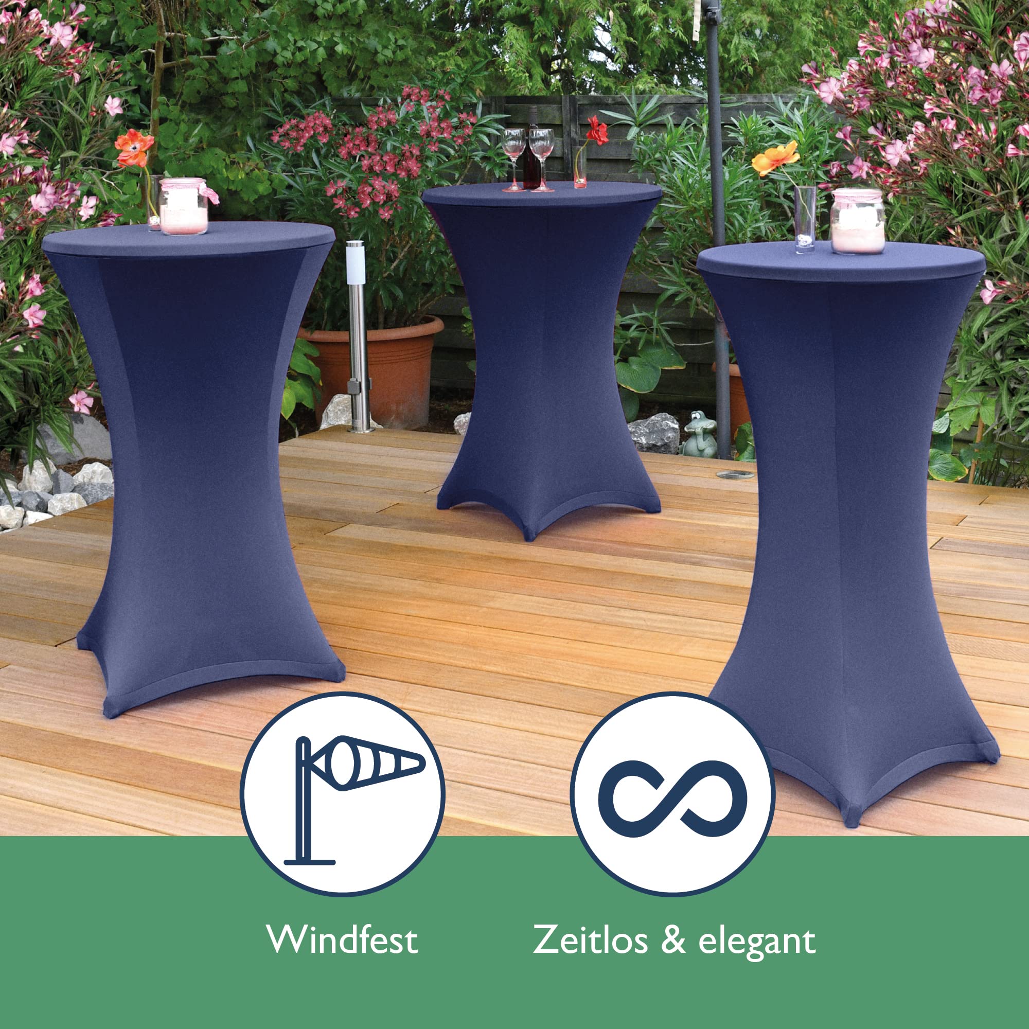 Beautissu Stehtisch mit Hussen – Klappbarer Stehtisch 70 cm Grau inkl. Stretchhusse Blau – rutschfest, Waschbar & Bügelfrei – Outdoor Bistrotisch Kratzfest & Wetterfest Bellini & Stella
