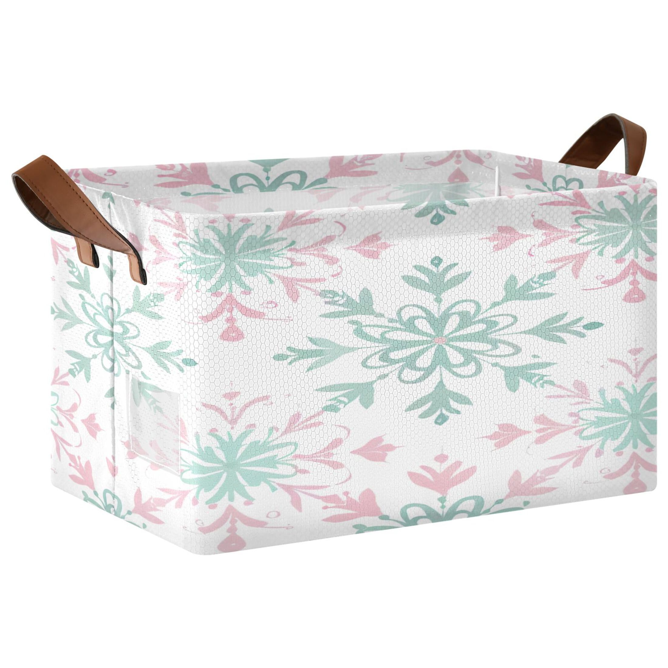 Kutsu Foldable Storage Basket Snowflakes Collapsible Storage Bin with Handles for Shelves, Rectangle Basket for Home Nursery Decor, 16.9x11.4x10 in