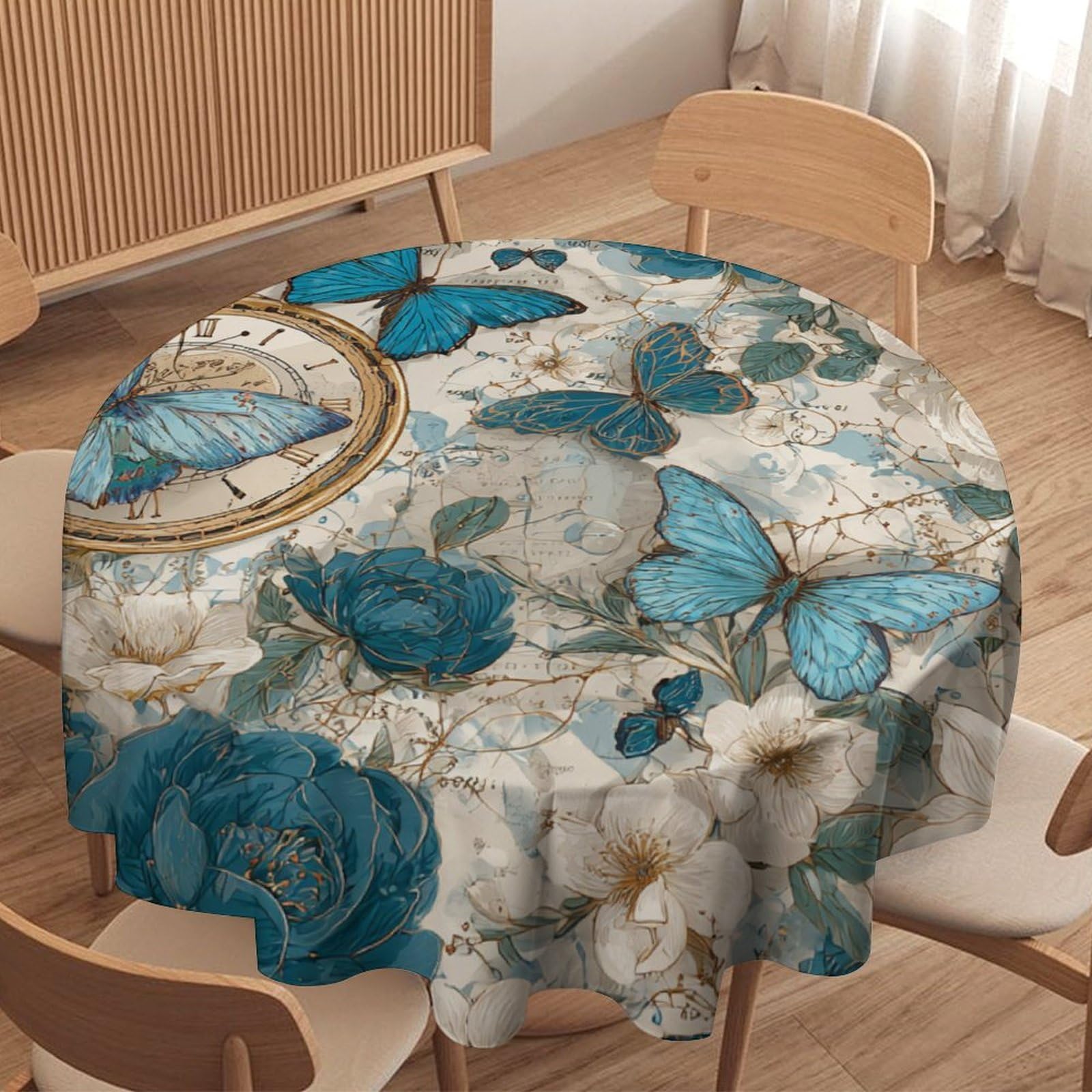 Luyysky Beautiful Fantasy Butterfly Waterproof Round Tablecloth Romantic Retro Animal Butterflies White Roses Flowers Clocks Washable Table Cover For Kitchen-177.8" Wx177.8 L Cm