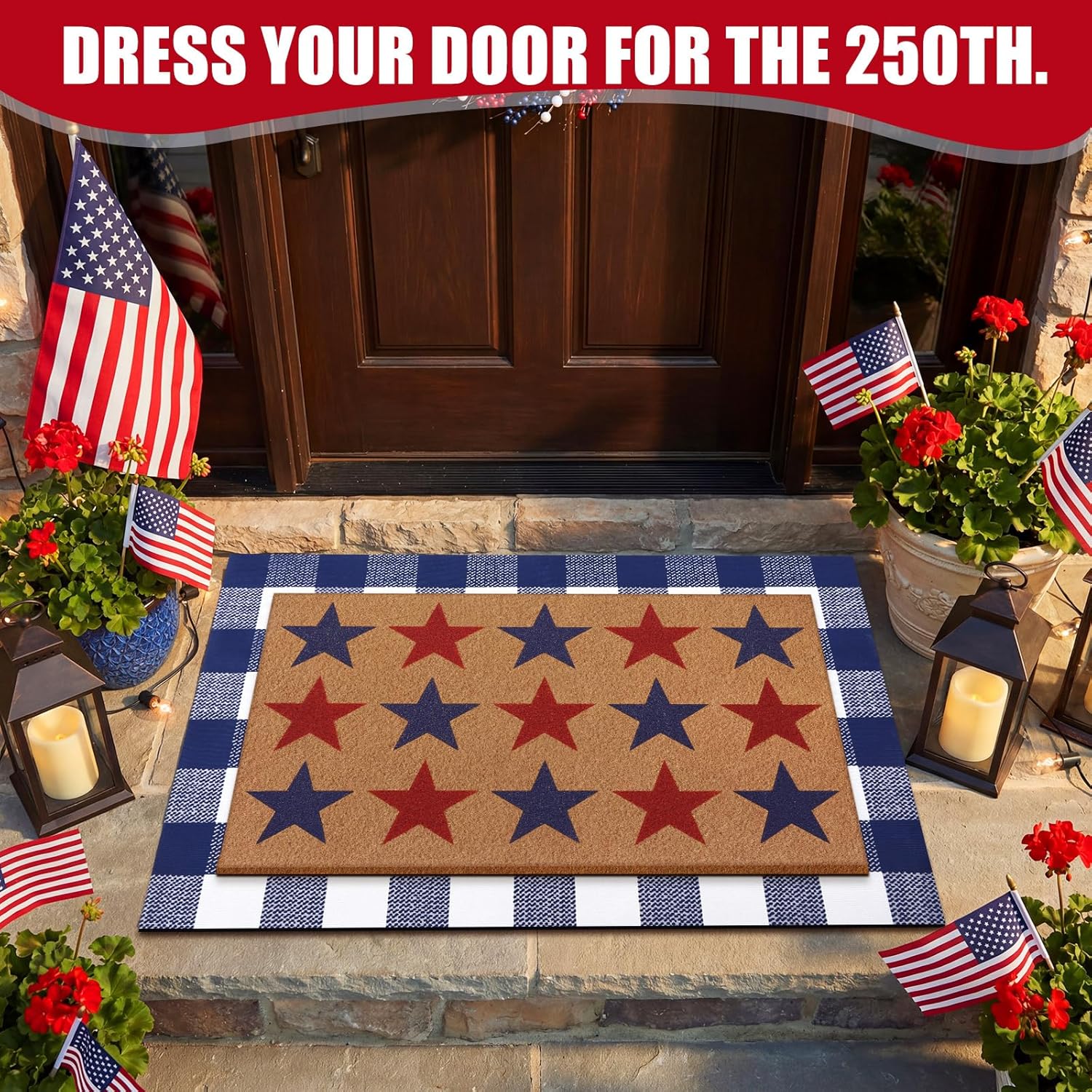 Duraaamo 2 Pcs Independence Day Door Mat Welcome Patriotic Doormat Happy 4th of July Rug Non Slip National Day Outdoor Mat Floor Mats Welcome Coir Doormats for Porch Entryway Decor