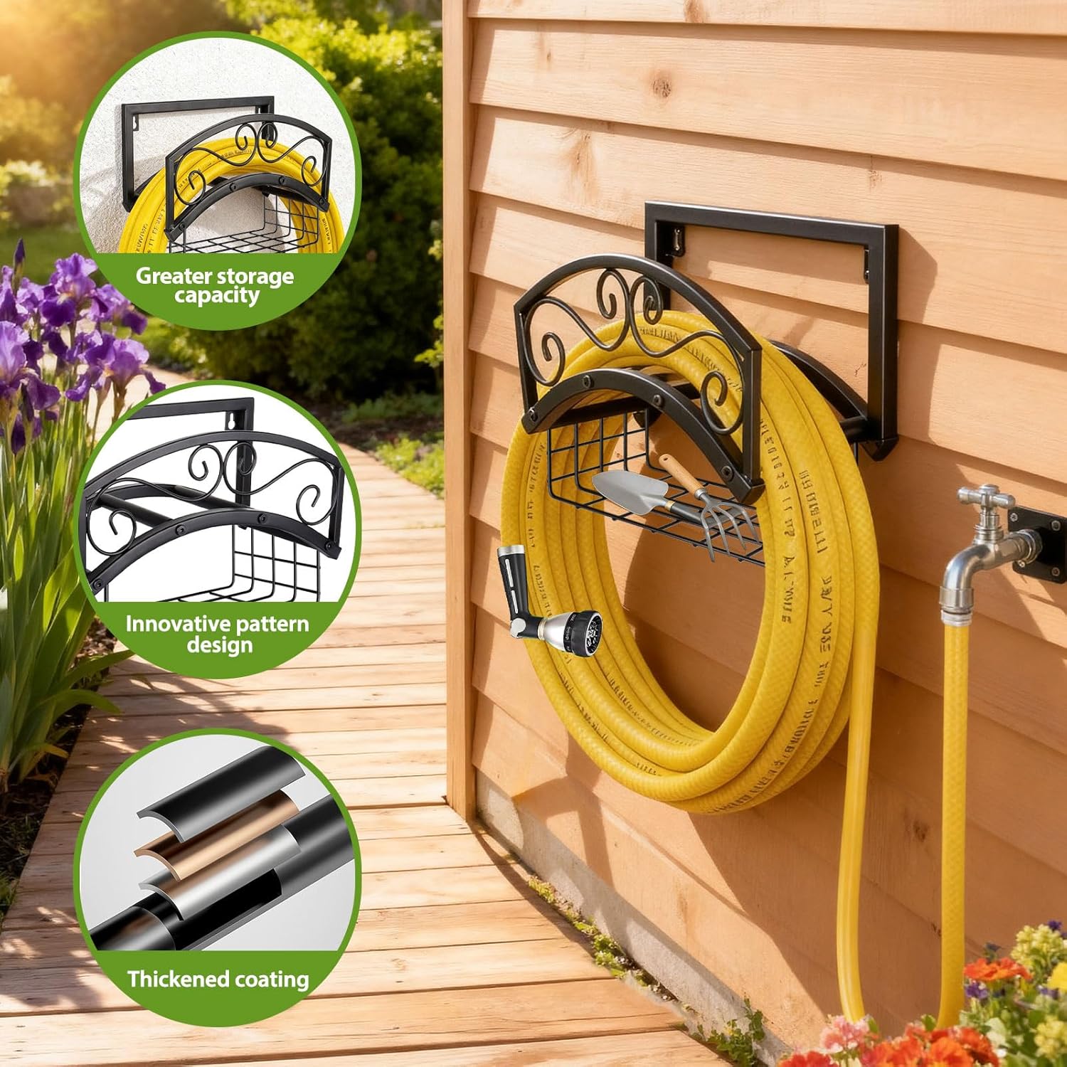 BOLITE Garden Hose Holder Wall Mount, Heavy Duty Metal Water Hose Holder with Basket for Outside, Hose Storage Holds 150FT Water Pipe for Yard, Lawn, Garden, Farm, Gifts for Women Men